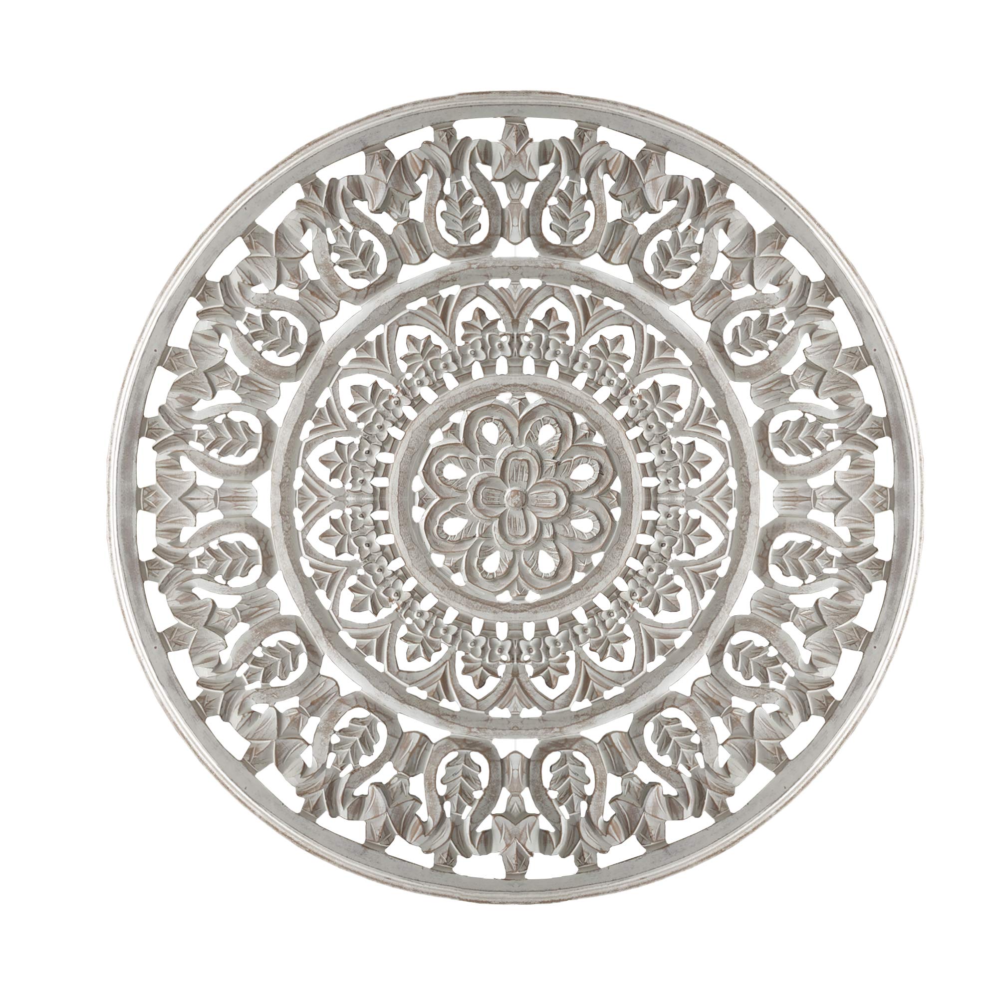 TUP The Urban Port Round Shape Wooden Wall Panel with Ornate Carvings, White