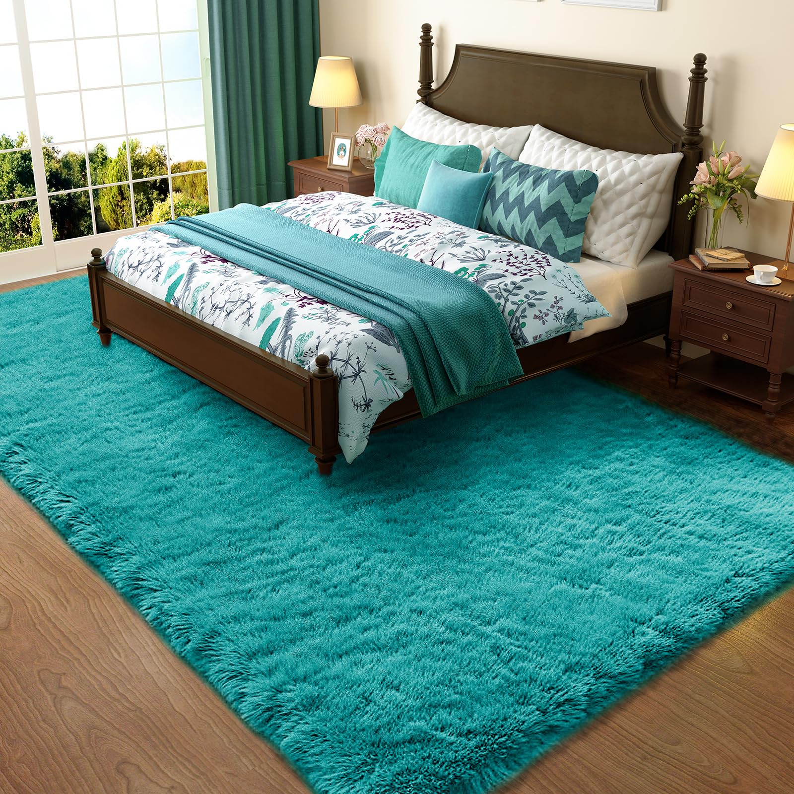 Ophanie Teal Rugs for Living Room Bedroom, 6x9 Fluffy Fuzzy Furry Carpet, Plush Soft Shaggy Bedside Indoor Floor Area Rug for Ki