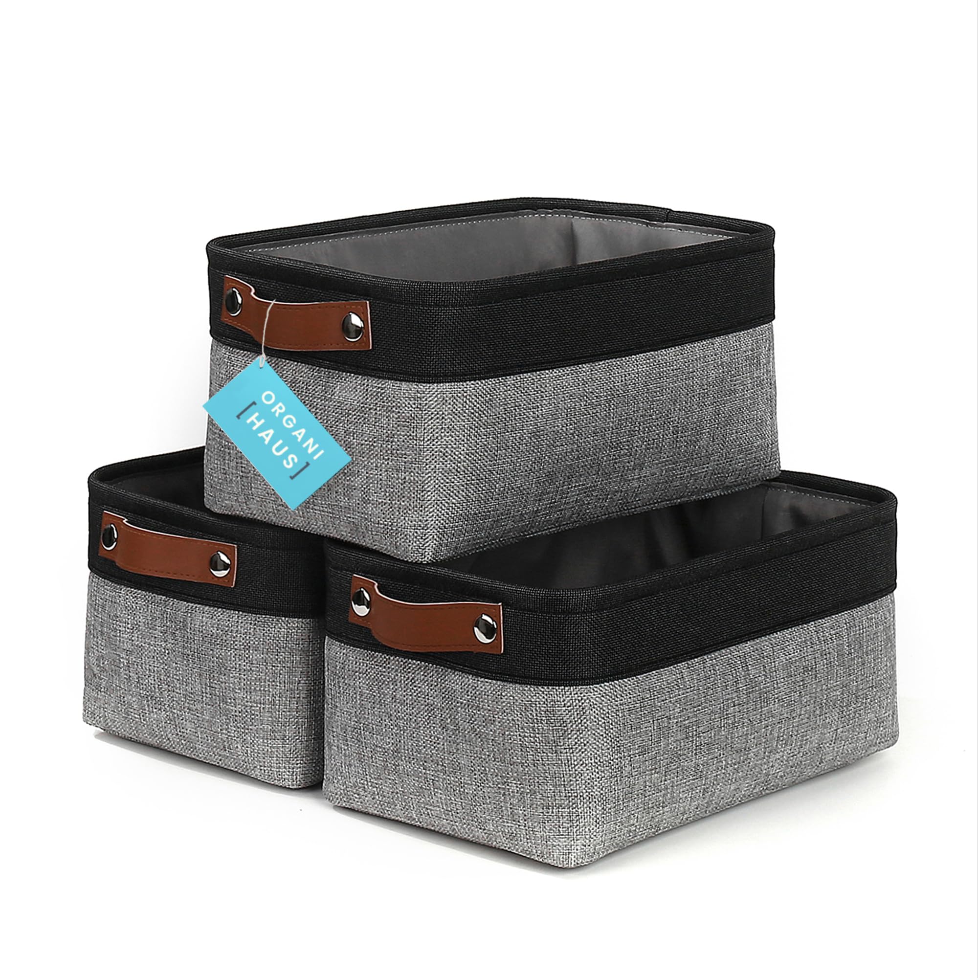 OrganiHaus Medium Fabric Storage Baskets for Shelves 3 Pack | 12x8in Closet Storage Bins for Shelves | Cloth Baskets for Organizing | Linen Closet Organizers | Fabric Basket - Gray/Black