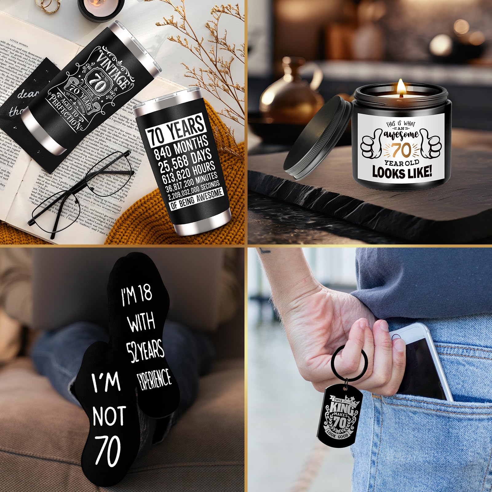 JTAMOHI 70th Birthday Gifts for Men - Unique Box with 20 Oz Tumbler, Scented Candle, Socks, Baseball Cap for Husband, Dad, Grand