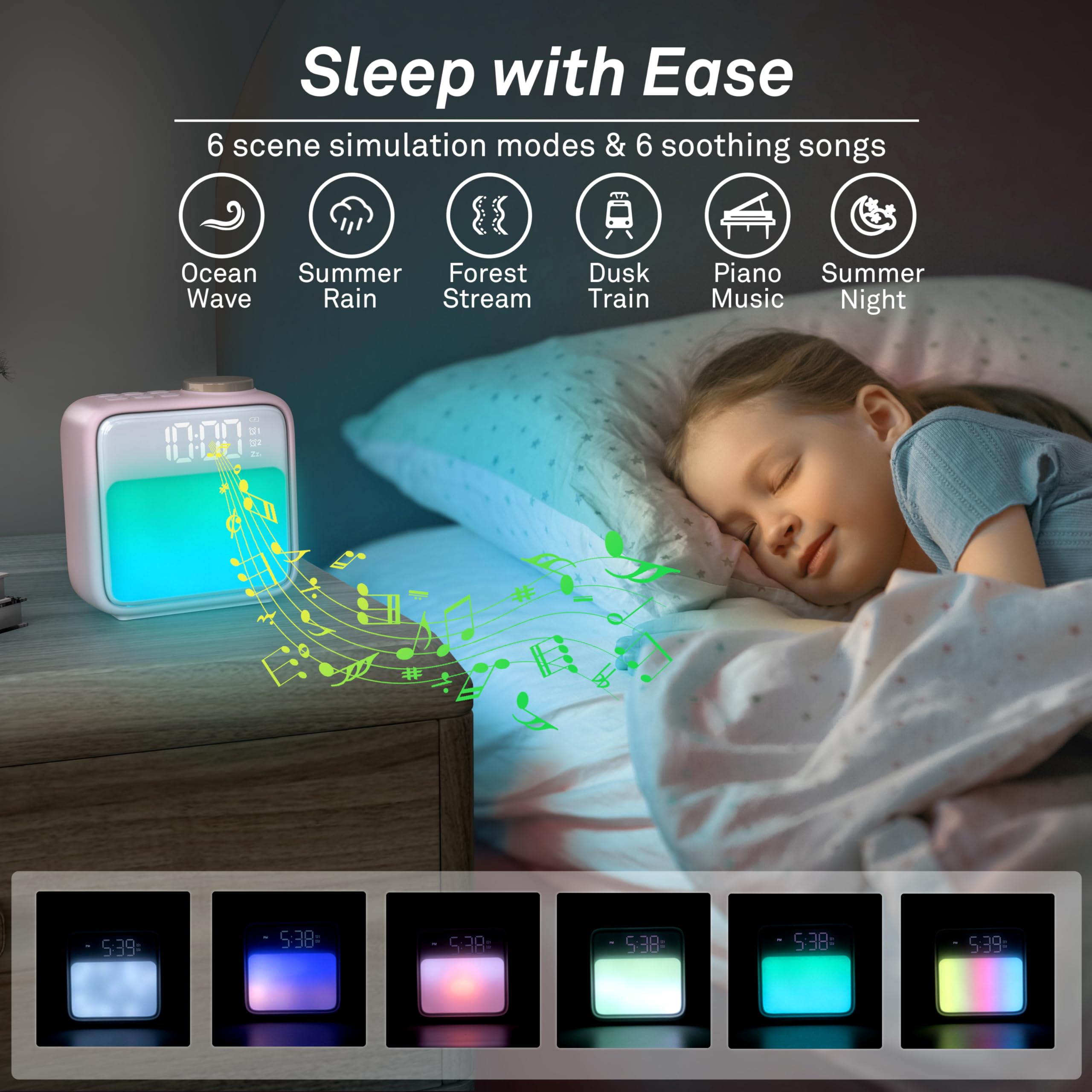 AIRIVO Alarm Clock Night Lights, Rechargeable Alarm Clock for Bedrooms, 6 Scenes & White Noise Sync, Dual Alarms & Snooze, for H