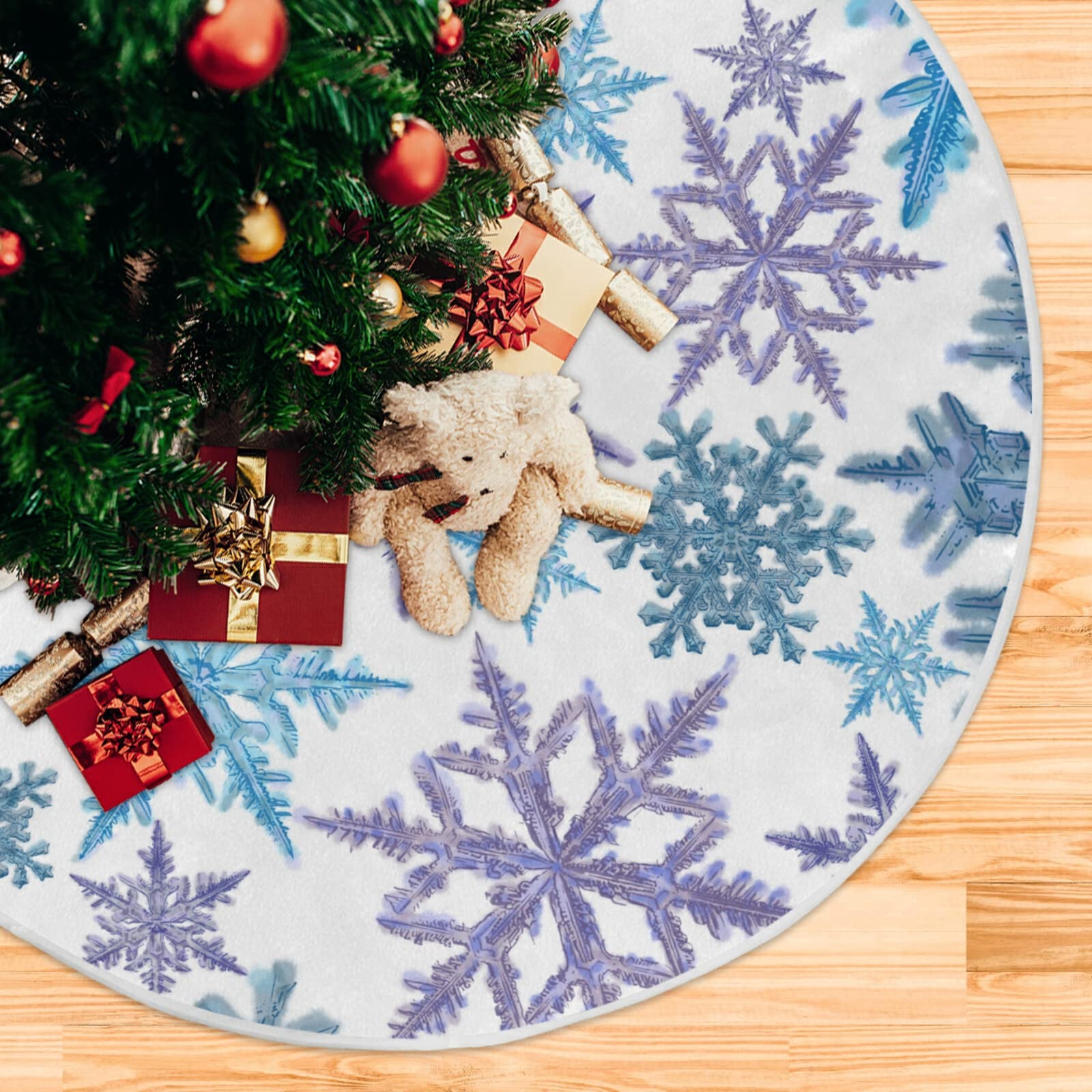 Christmas Purple Blue Snowflake Tree Skirt, Seasonal Tree Mat Holiday Party Supplies Ornaments Indoor Outdoor Decorations for Ta
