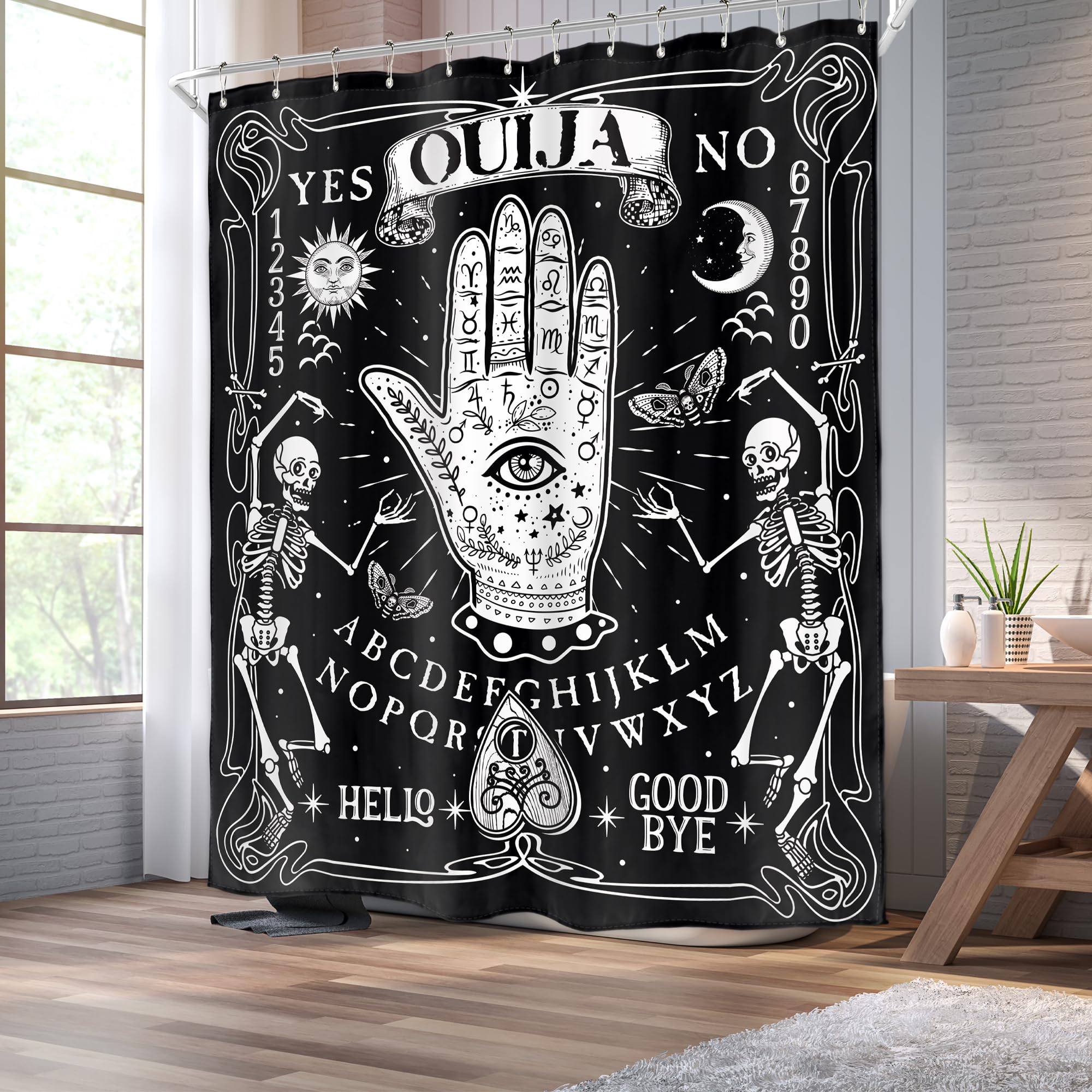 Homewelle Gothic Hands Shower Curtain Black Skeleton Witchy Eye Moth Tarot Ouija Palmistry Psychic Sun Moon Spooky 60Wx72H Inch