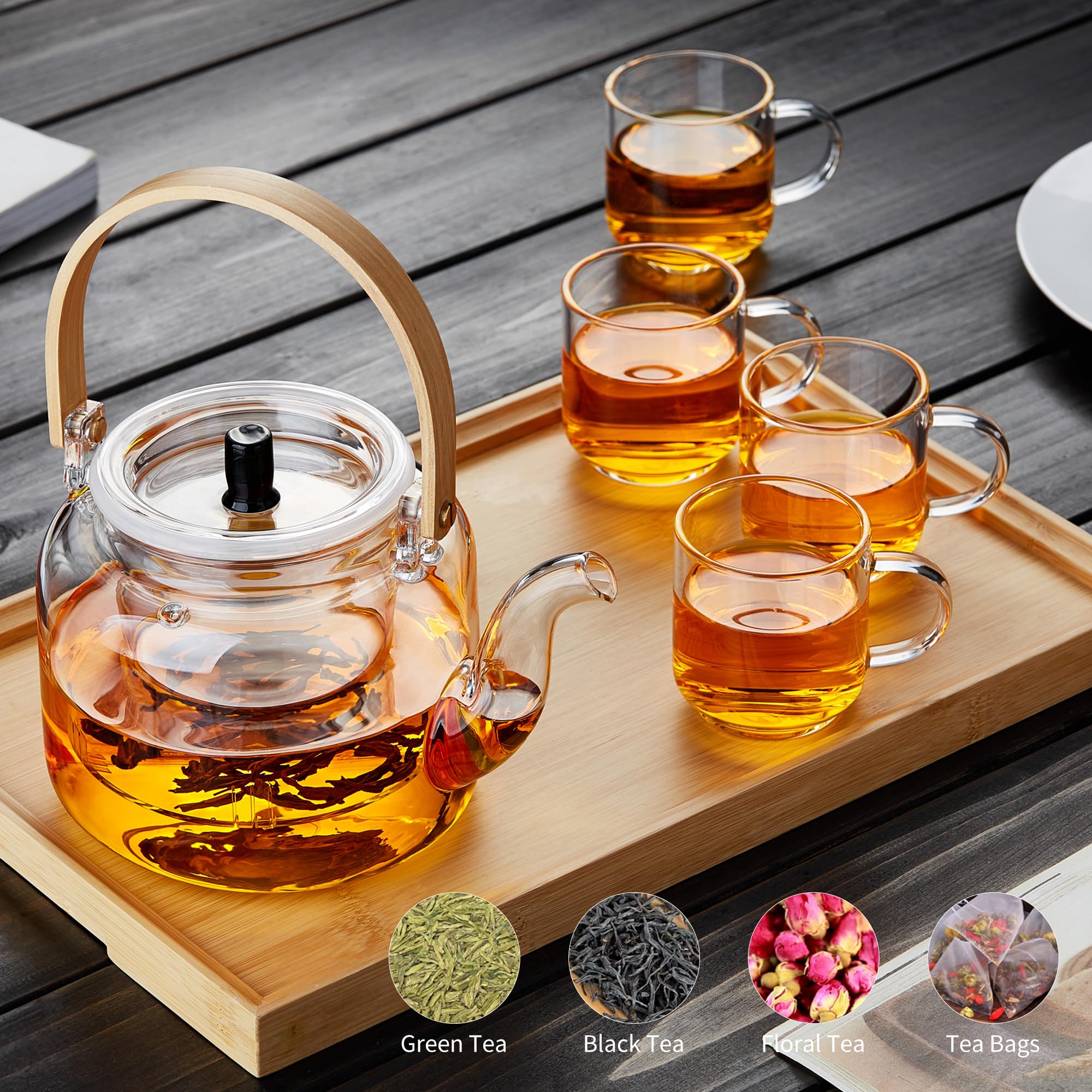 Unbreakable Glass Teapot Set - 37OZ Borosilicate Tea Kettle with 4 Double Wall Teacups, Clear, Model Y1-5511-1, Stov
