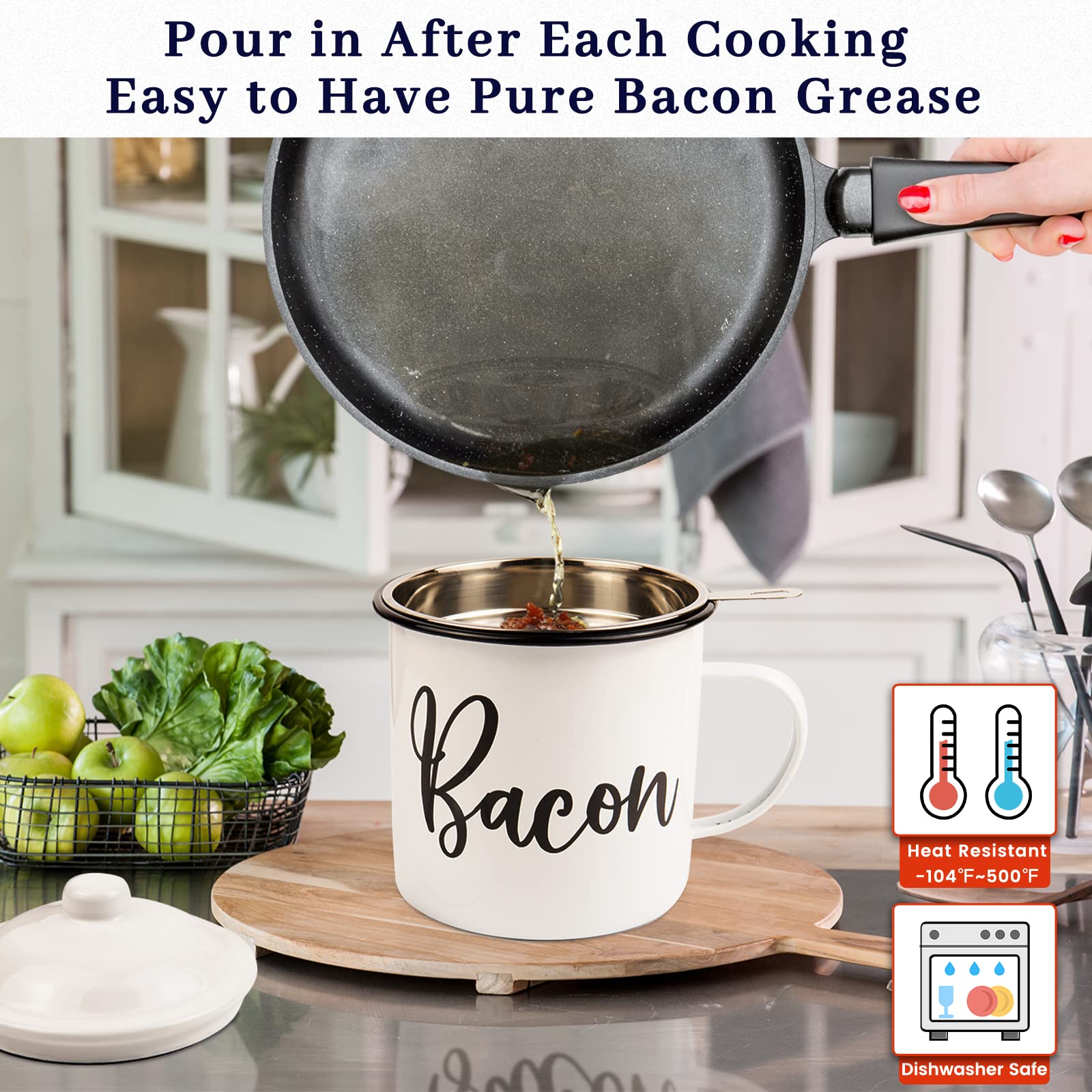 Bacon Grease Container With Strainer - With Food-Grade Silicone Spatula , 46Oz Large Enamel Rustic Farmhouse Fat Container , Kee
