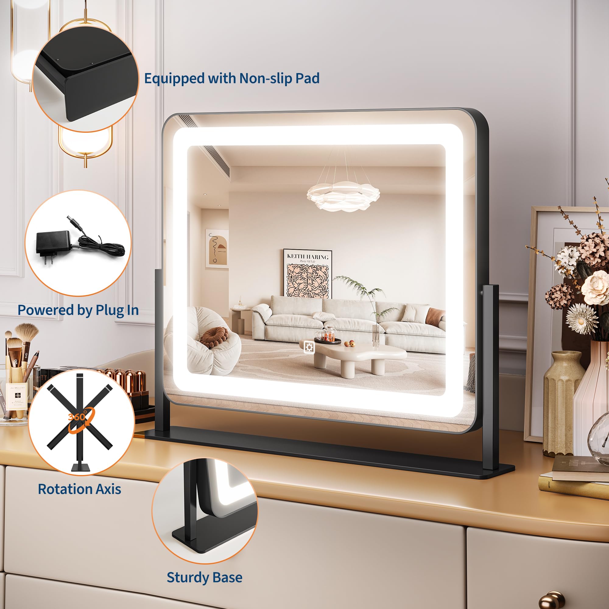 19.6X15.7 Vanity Mirror With Lights, Large Lighted Mirror, Led Makeup Mirror With 3-Color Dimmable Modes And Smart Touch Control