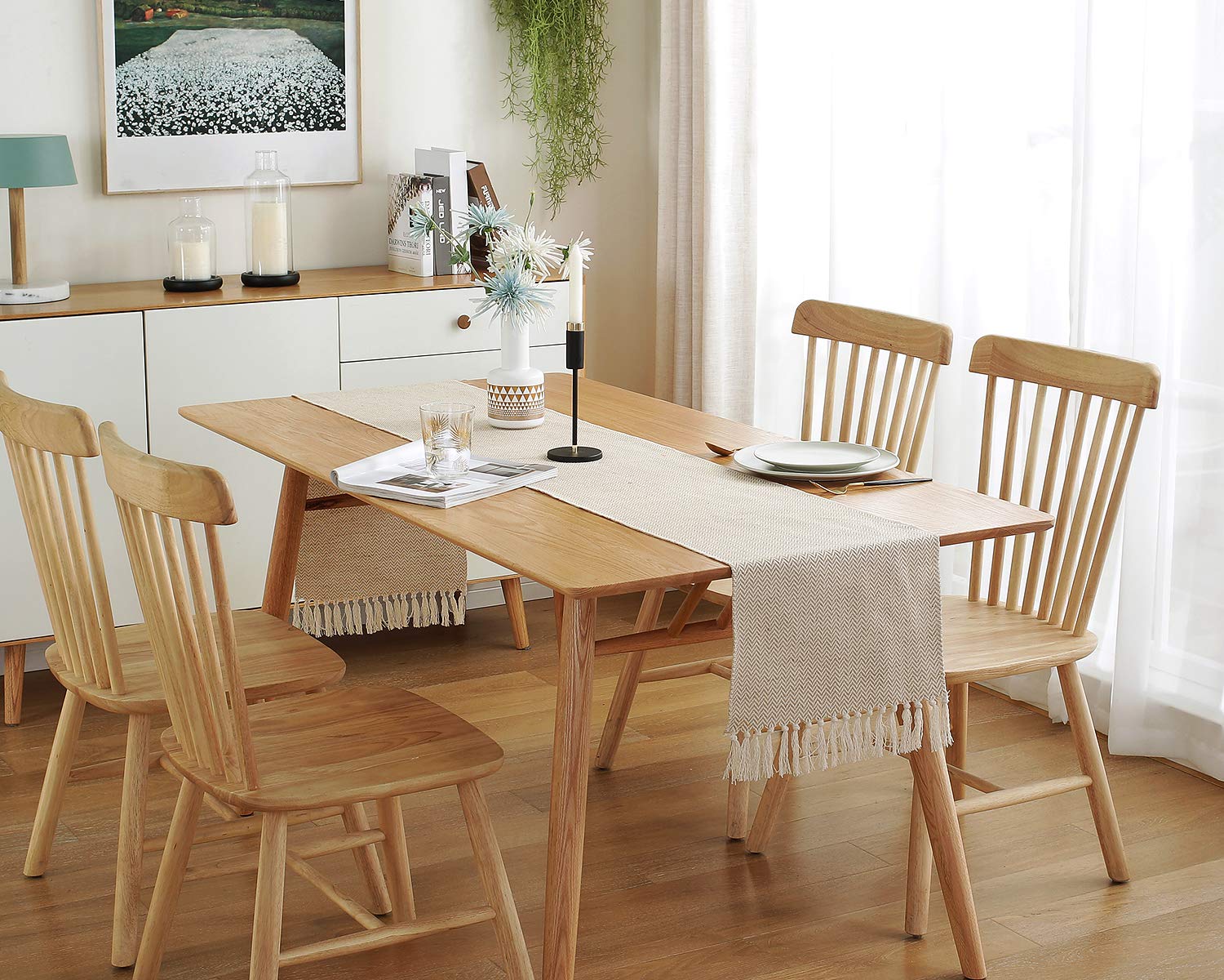 13 X 90 Inch Fall Farmhouse Cotton Linen Table Runner With Handcraft Tassel, Rustic Jute Burlap Table Runners 90 Inches Long For