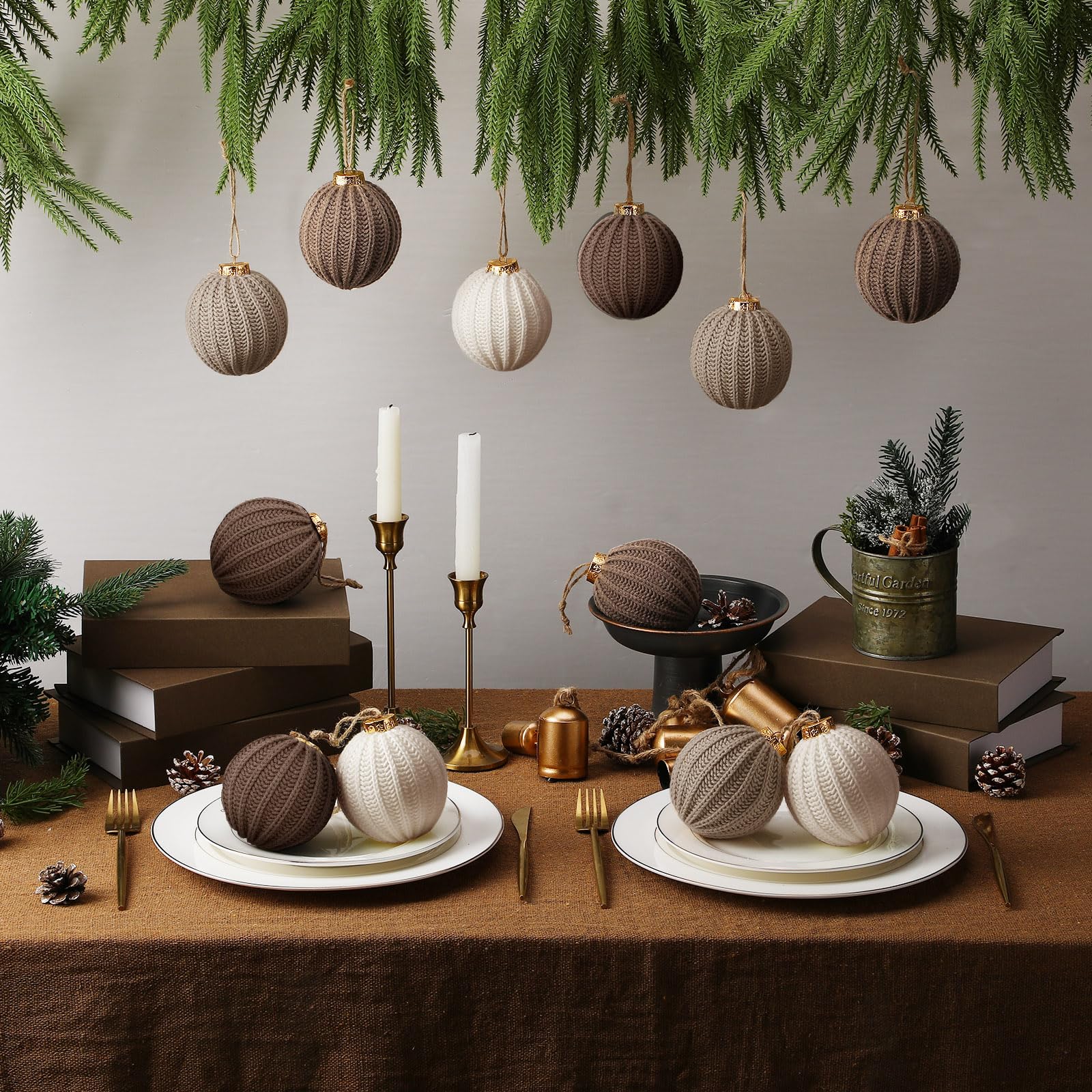 VioraWhite 12 Pcs Neutral Christmas Ornaments, 3.15 Inch Brown Crochet Christmas Balls Modern Rustic Handmade Knitted Woven Cott