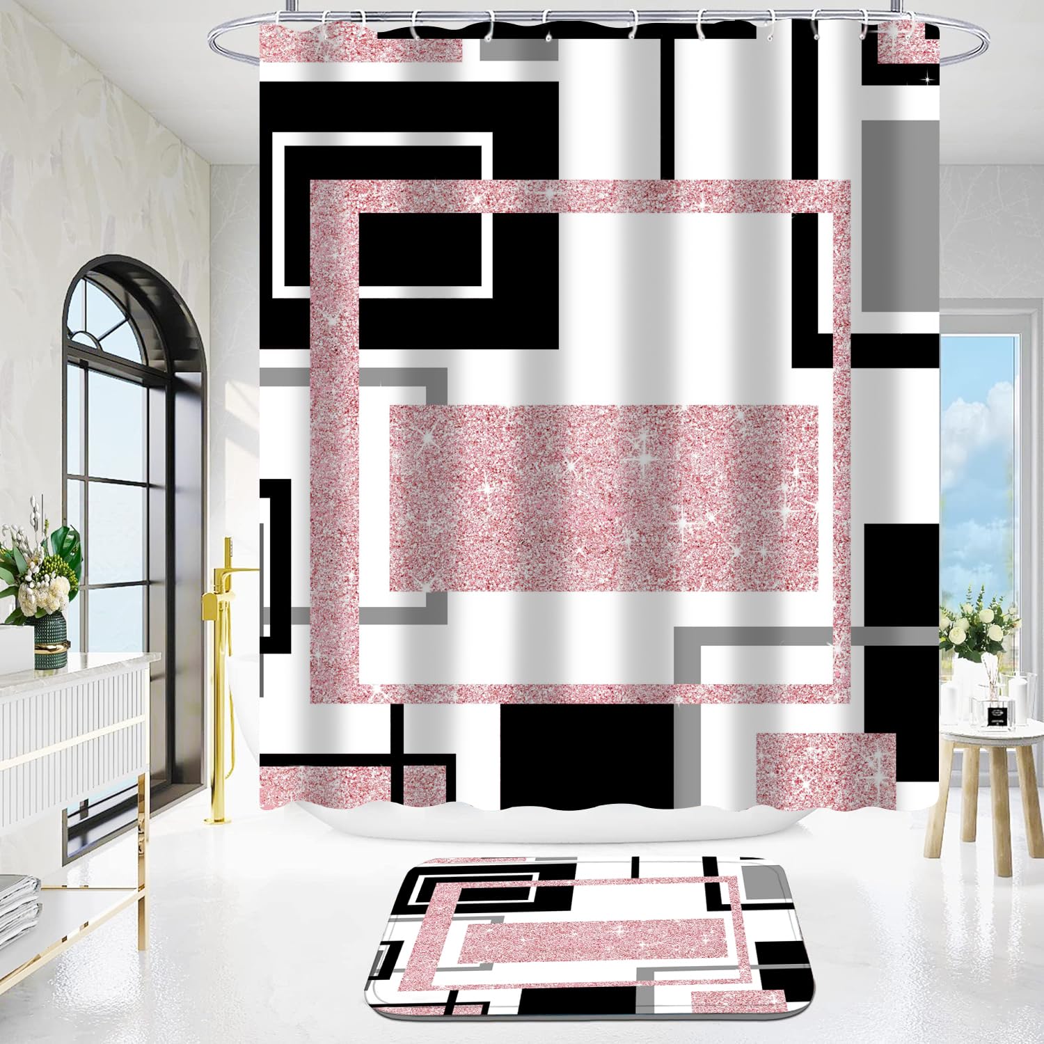 Yddsky 4 Pcs Pink Geometric Shower Curtain Sets Non-Slip Bath Rugs, Toilet Cover, U-Shaped Mat, Pink Geometric Modern Bathroom D