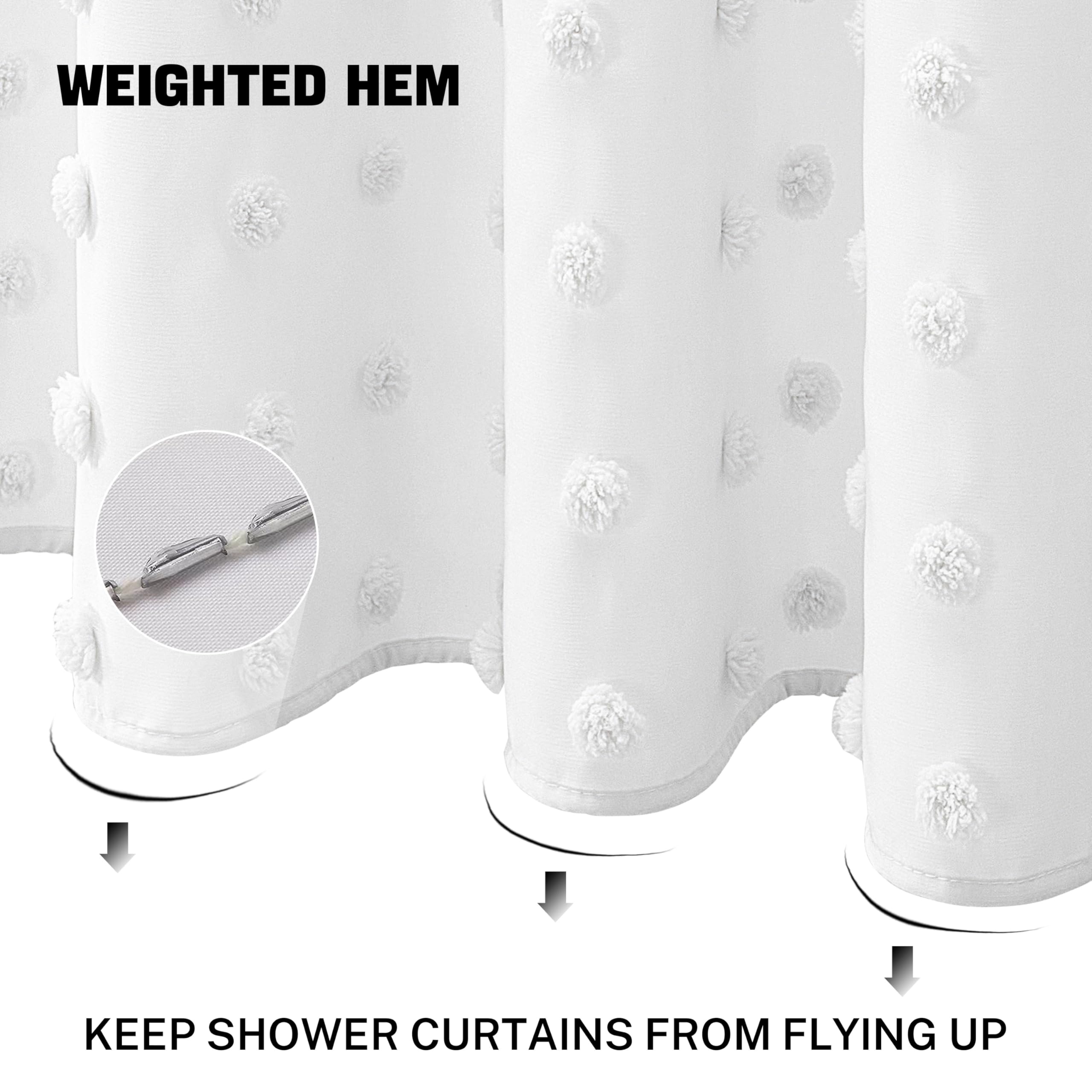 Extra Long Boho Farmhouse Shower Curtain Woven Fabric White Shower Curtain, 72 X 78 Tufted Pleat Floral Puffs Textured Modern Fa