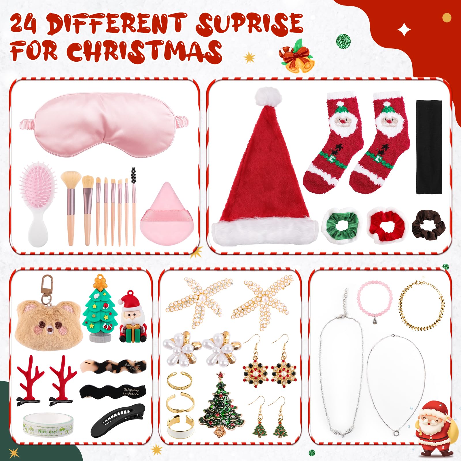 Hair Accessories Set for Christmas Gifts, Include Christmas Stockings Hair Scrunchies Jewelry, Surprise Gift Baskets for Teen Gi