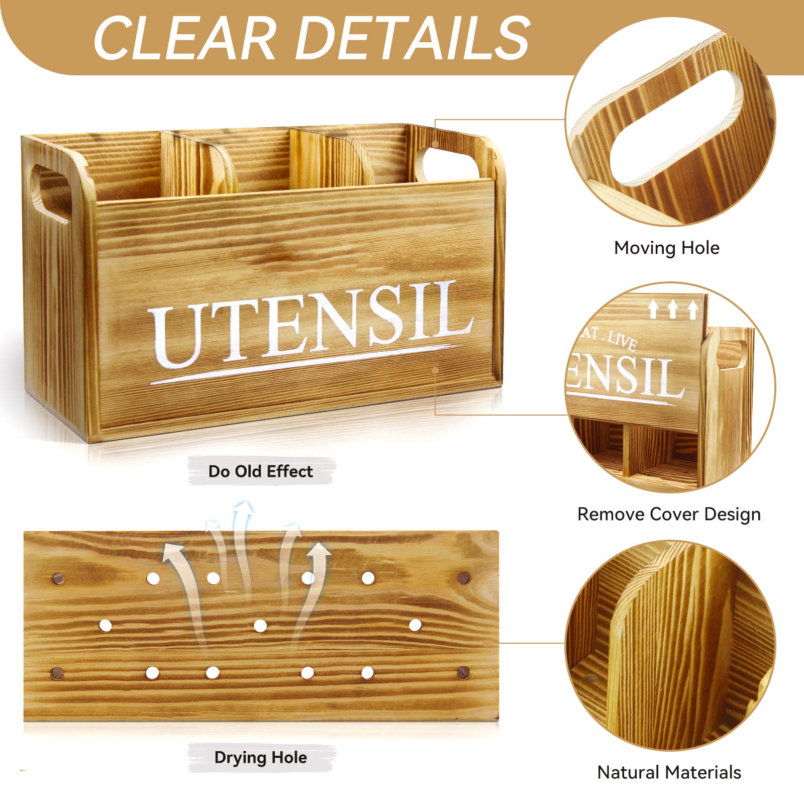 Brekle Kitchen Utensil Holder Rustic Large Wooden Utensil Organizer Cooking Tools Storage (Farmhouse Wooden)