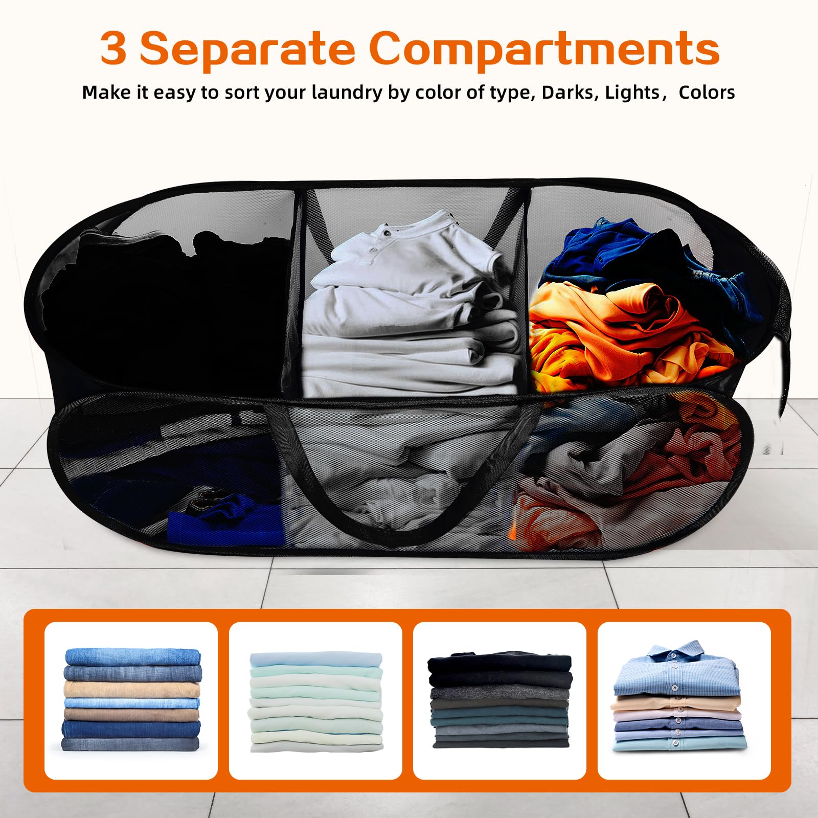 Foldable Laundry Baskets, Collapsible Mesh Laundry Hamper, Durable Pop Up Laundry Basket, 3 Compartments Clothes Hampers For Lau