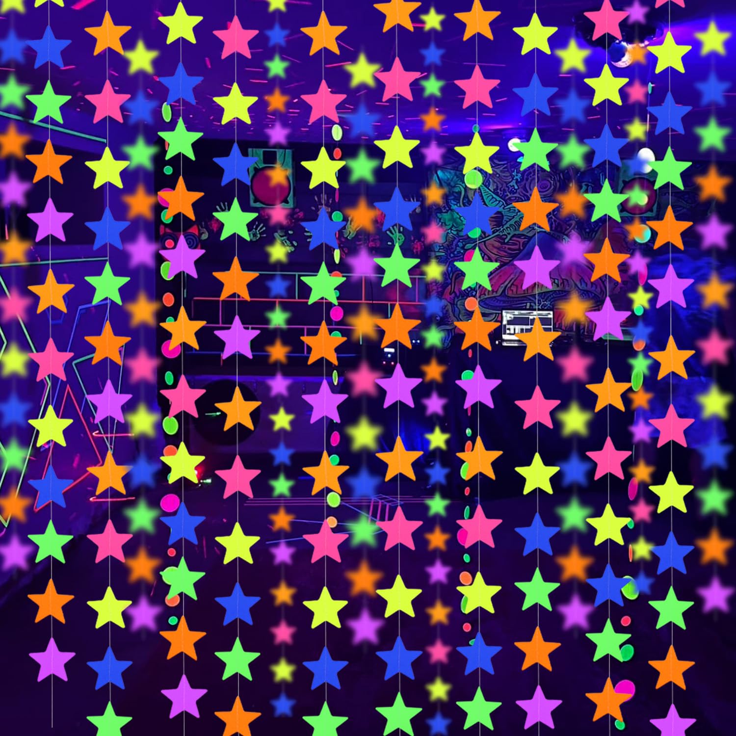 120Feet Uv Neon Star Garland Hanging Paper Streamers Glow In The Dark Black Light Glow Party Supplies And Decorations Glow In Th