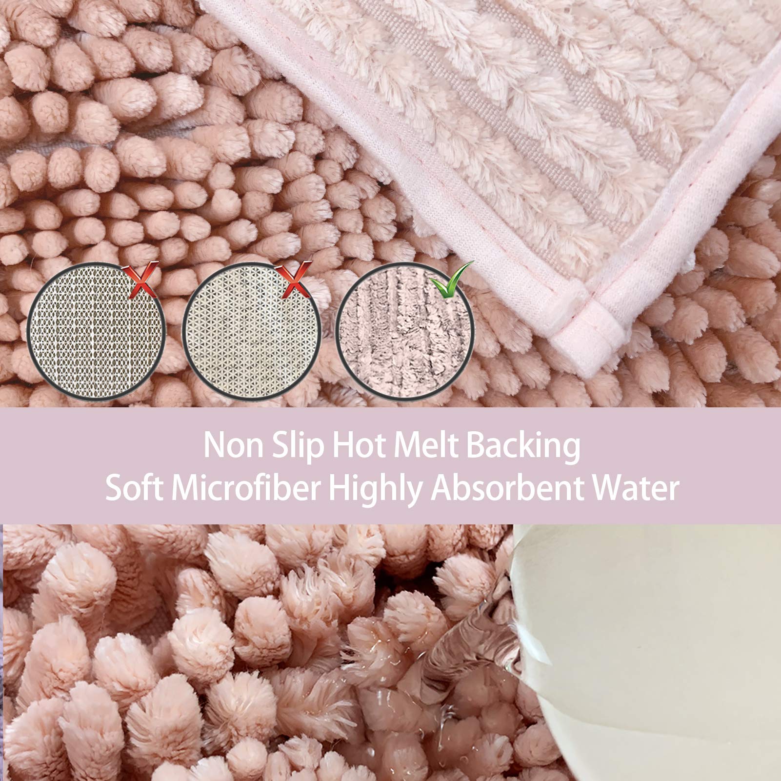 Civkor 2 Piece Bathroom Rugs Mats Set Butter Chenille  Cute Bath Mat Rug Shiny Noodle with Non Slip Backing  Super Water Absorbent Machine Washable 31x20 and 24x16 Inch Pink