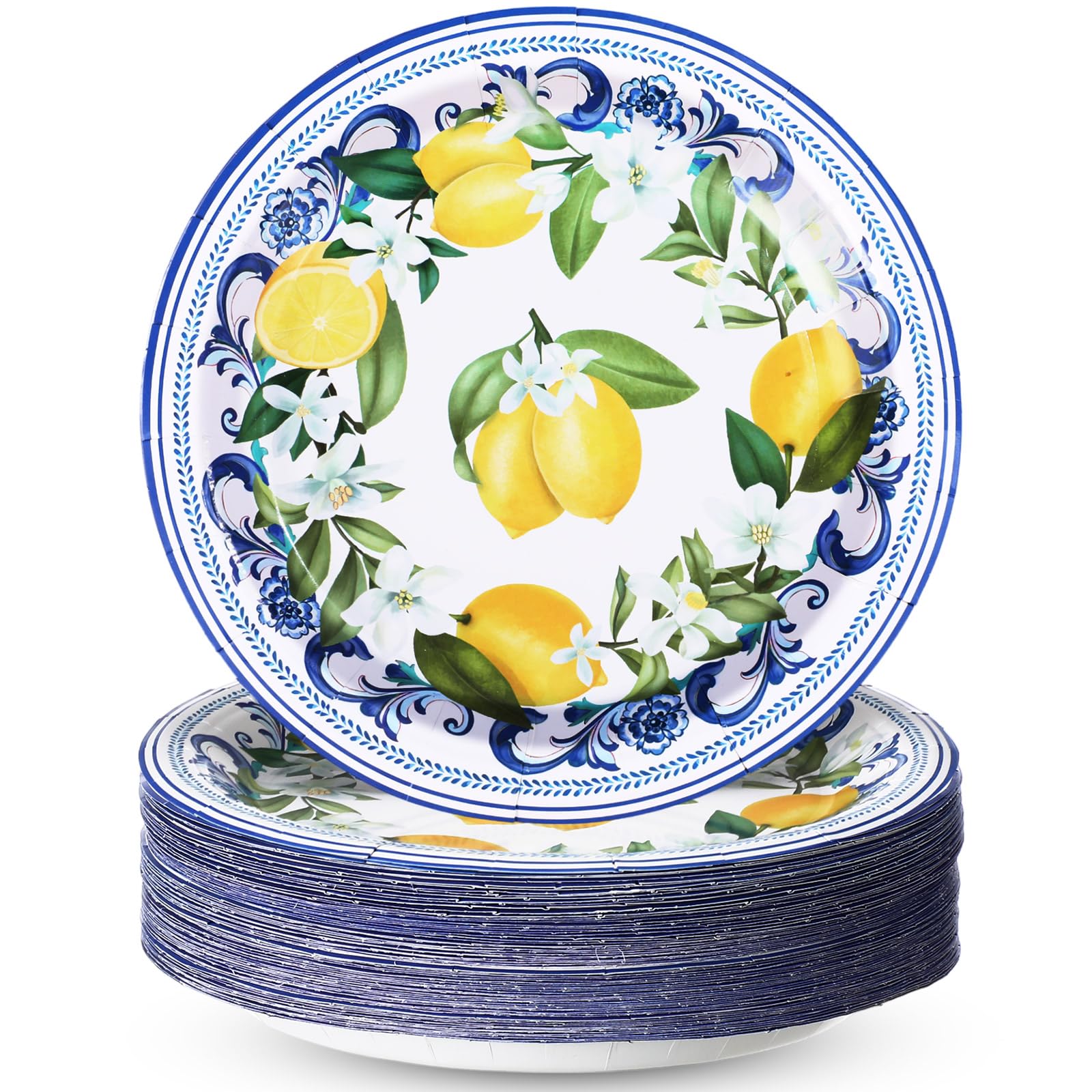 Potchen 100 Pack Capri Lemon Paper Plates Set 7 in Blue Tiles Yellow Disposable Plates Lemon Birthday Party Supplies Favor, Serv