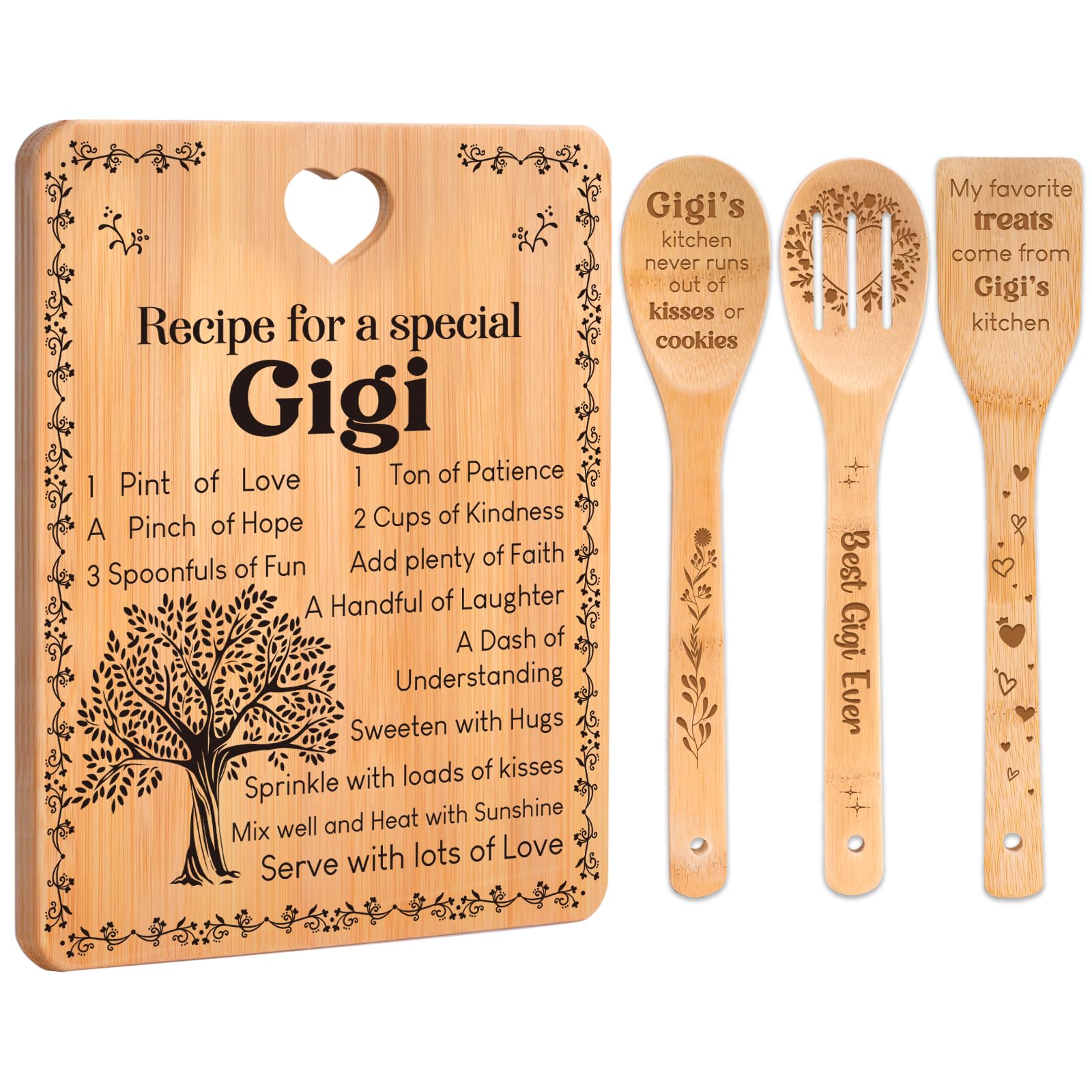 Gigi Gifts -  Recipe for a Special Gigi  Gigi Gifts for Grandma Cutting Board Set, Bamboo-Made Engraved Utensil Set Gifts for Gi