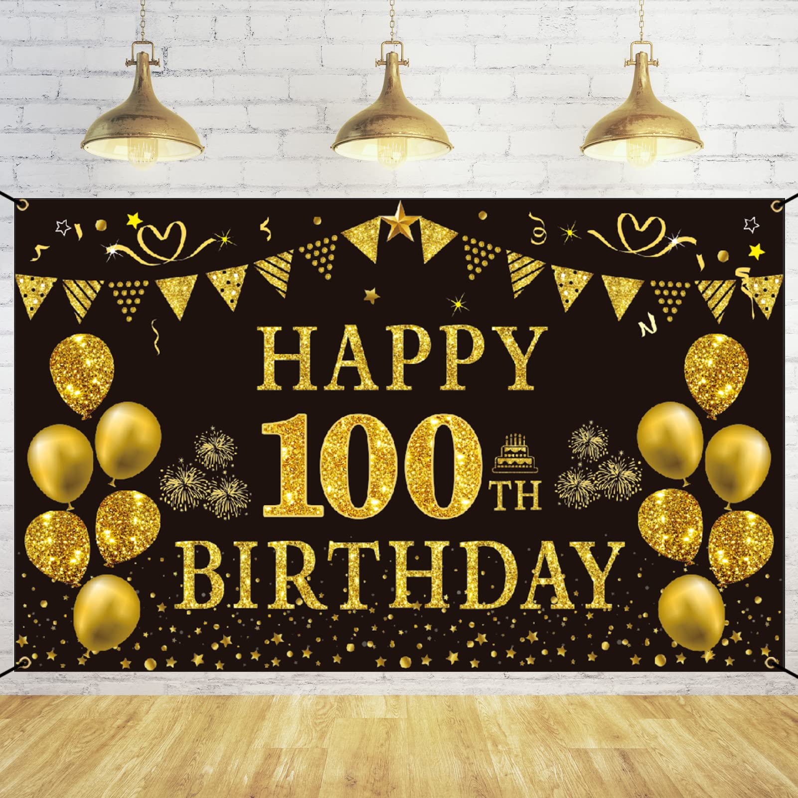 Trgowaul 100Th Birthday Decorations For Men Women - Black And Gold 100Th Birthday Backdrop Banner 5.9 X 3.6 Fts Happy 100Th Birt