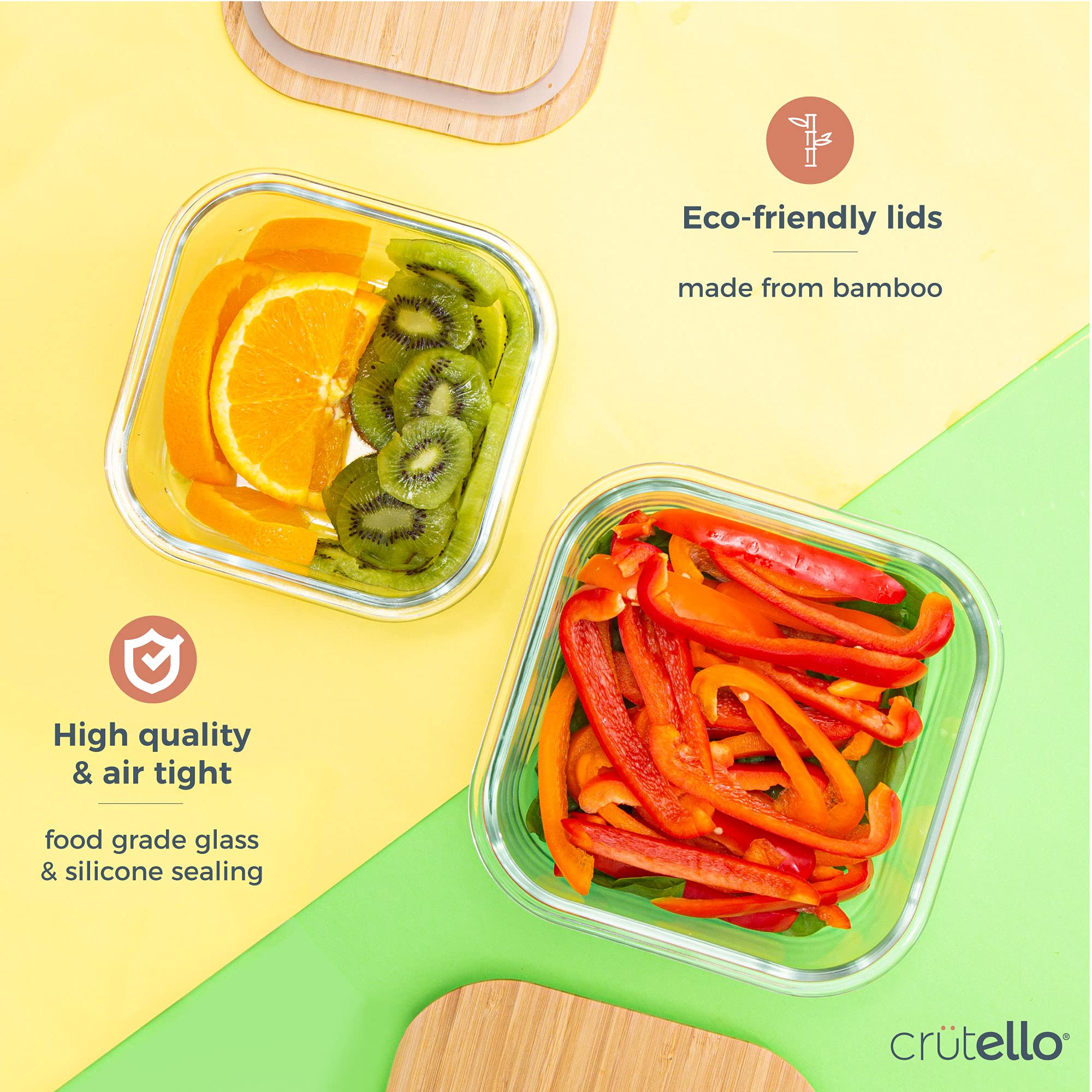 Crutello Glass Meal Prep Containers With Bamboo Lids, 2 Pack - Airtight Clear Food Storage Canisters For Kitchen Organization -