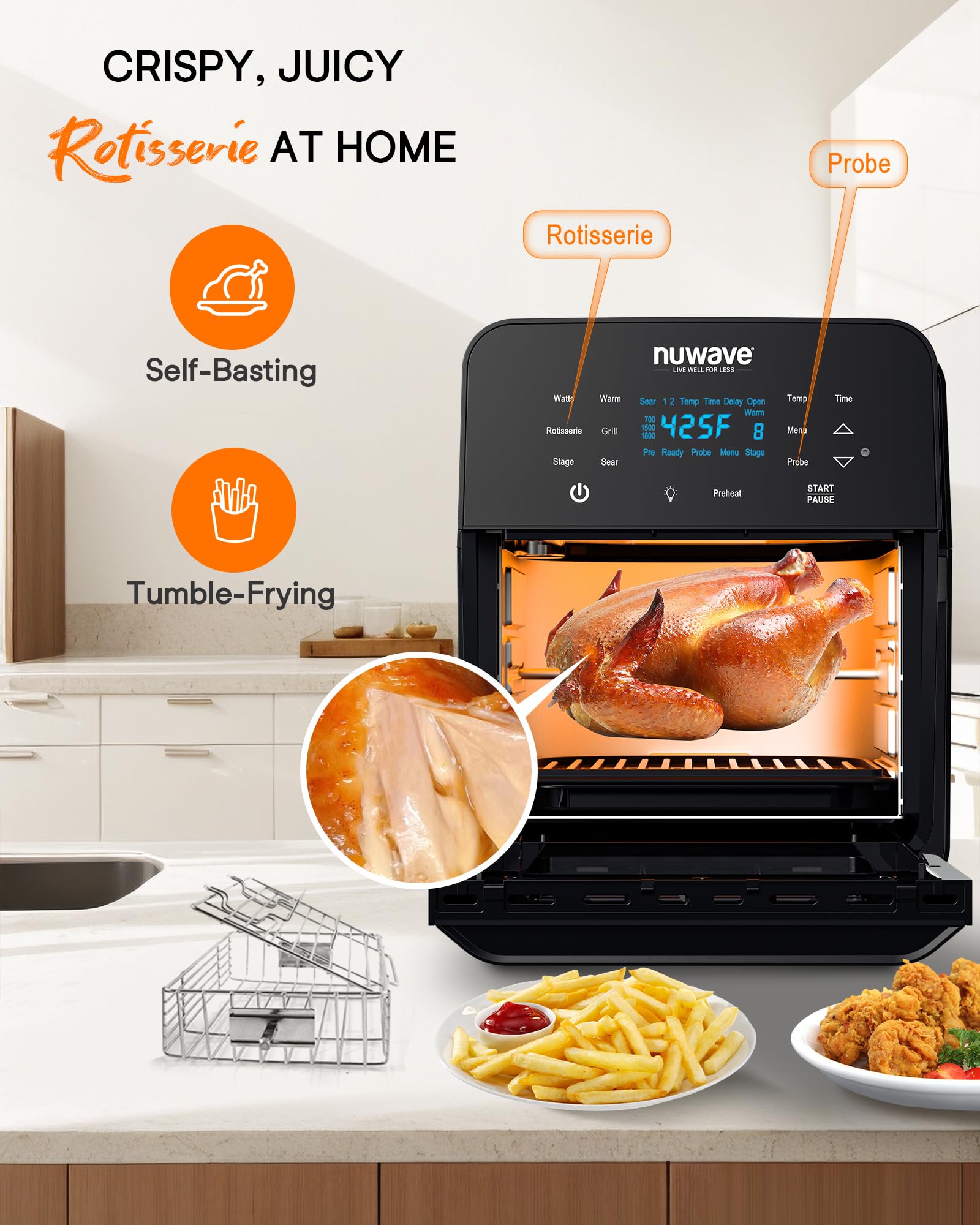 Nuwave Brio 15.5Qt Air Fryer Rotisserie Oven  X-Large Family Size  Powerful 1800W  4 Rack Positions  50-425F Temp Controls  100 Presets & 50 Memory  Integrated Smart Thermometer  Linear T Technology