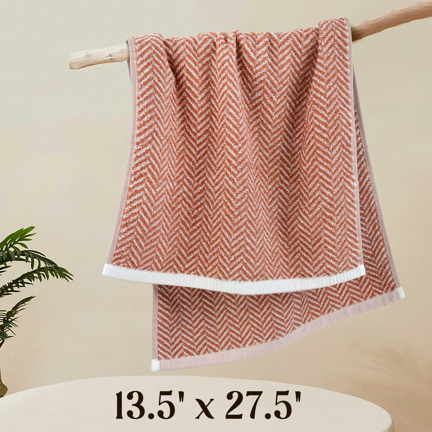 Coral Hand Towels For Bathroom With Herringbone Stripes, Stylish 100% Ctton Hand Towel Set Of 4, Ultra Soft And Highly Absorbent