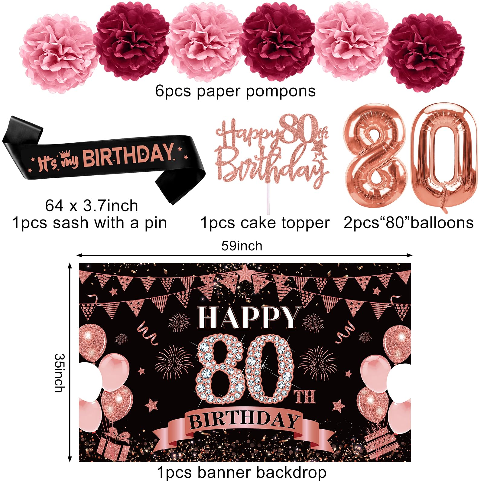 42Pcs 80Th Birthday Decoration Kit For Women, Rose Gold Happy 80Th Bday Banner Balloons Honeycomb Centerpiece Swirl Paper Pompom