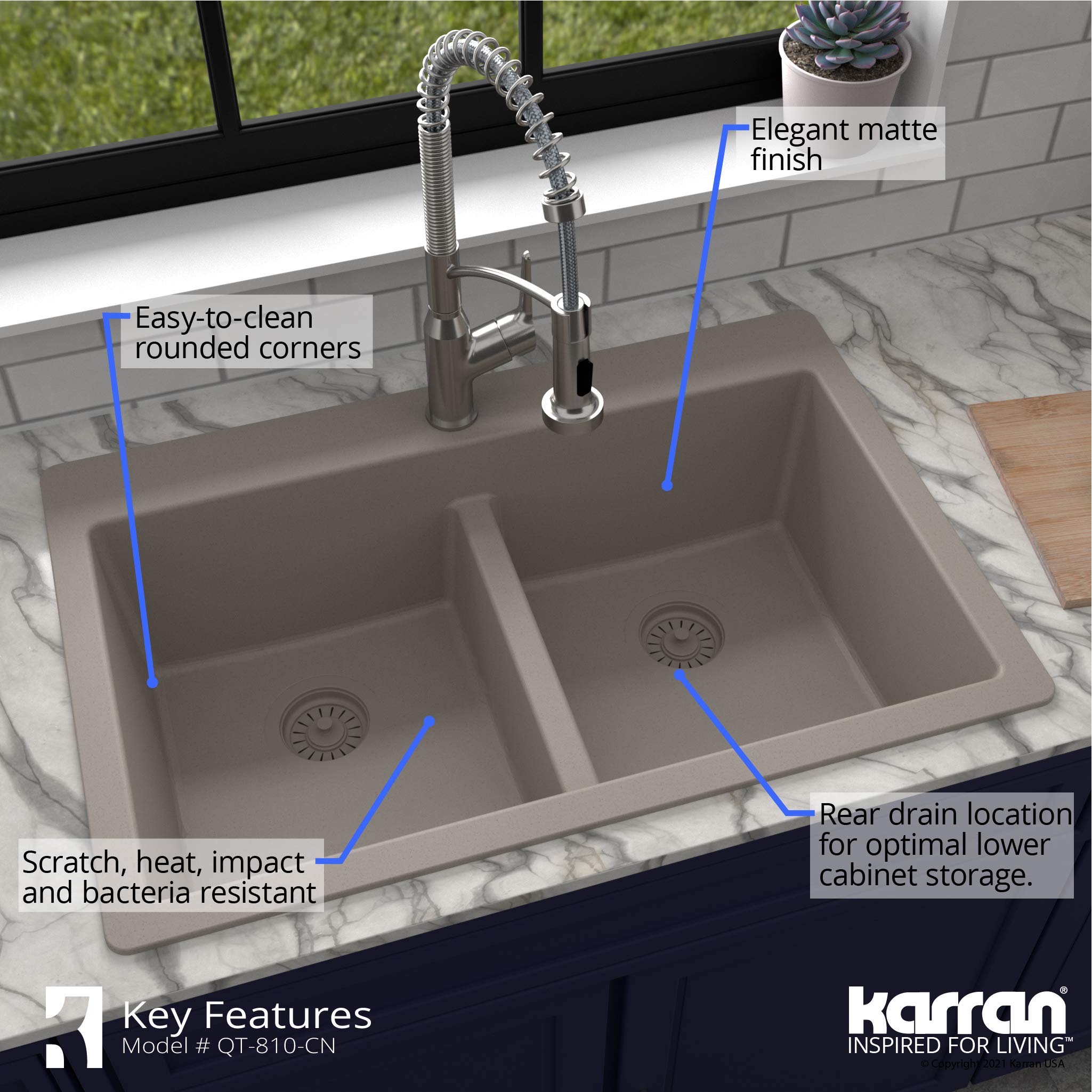 Karran Qt-810 33'' Top Mount Double Equal Bowl Quartz Kitchen Sink In Concrete