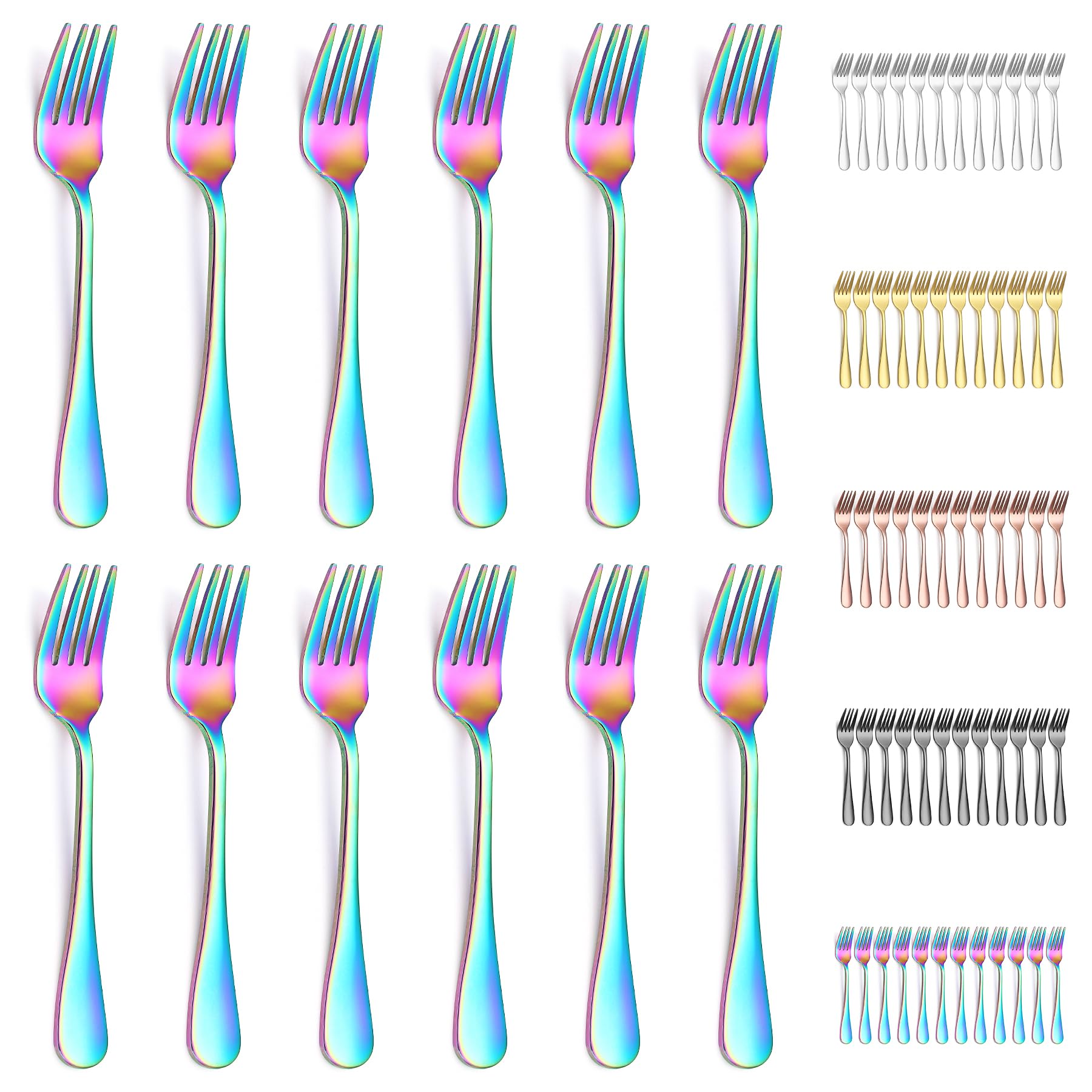 Evanda Rainbow Dessert Forks Set Of 12 Pack 5.62'', Rainbow Titanium Plating Pastry Fork, Appetizer Fork For Fruit, Cake, Cheese