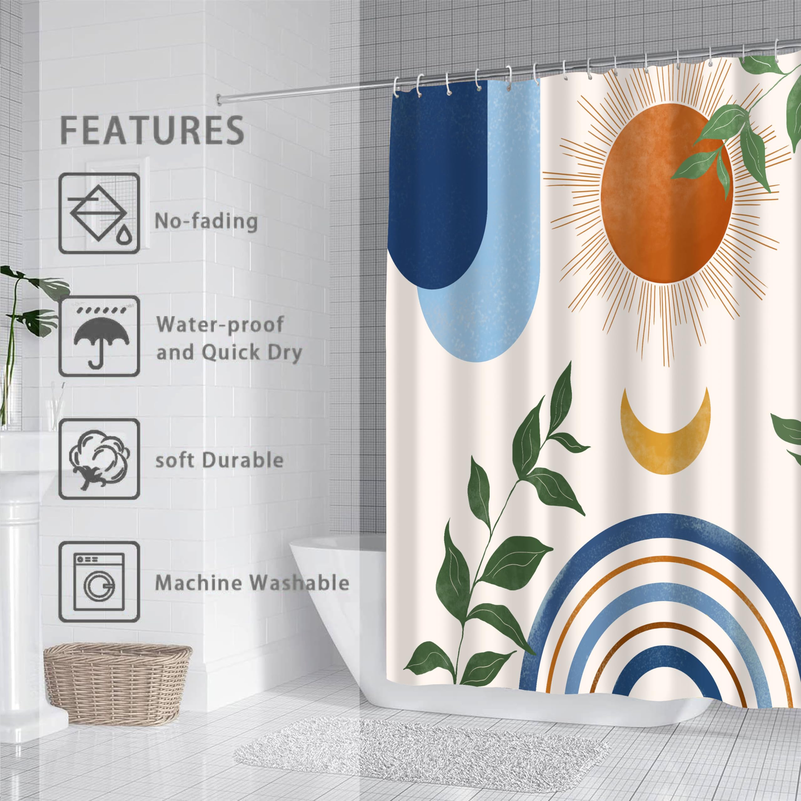 Ghroiep Mid Century Abstract Boho Aesthetic Shower Curtain Set, Blue Nature Leaf Sun Modern Minimalist Home Bathroom Curtain Dec