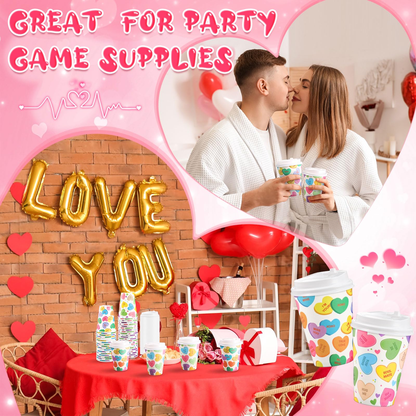 Jingmore 80 Set 12 Oz Valentine'S Day Disposable Coffee Cups With Lids Bulk Love Conversation Heart Paper Cup For Valentines Hot