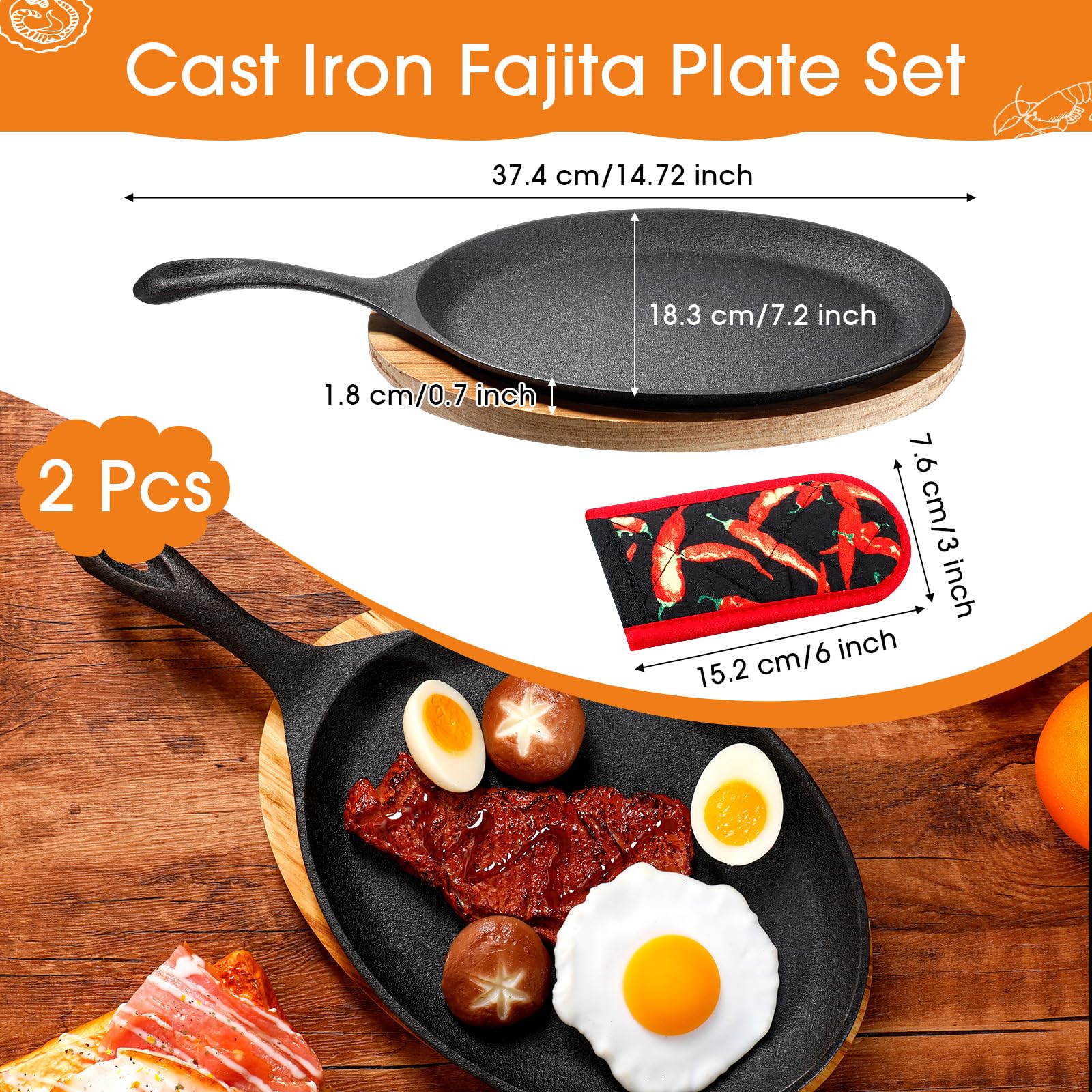 Lallisa 2 Sets Cast Iron Fajita Plate Set Fajita Plate Sizzler Pan With Wooden Tray Anti Scald Protection Hot Mitt Cast Iron Ski