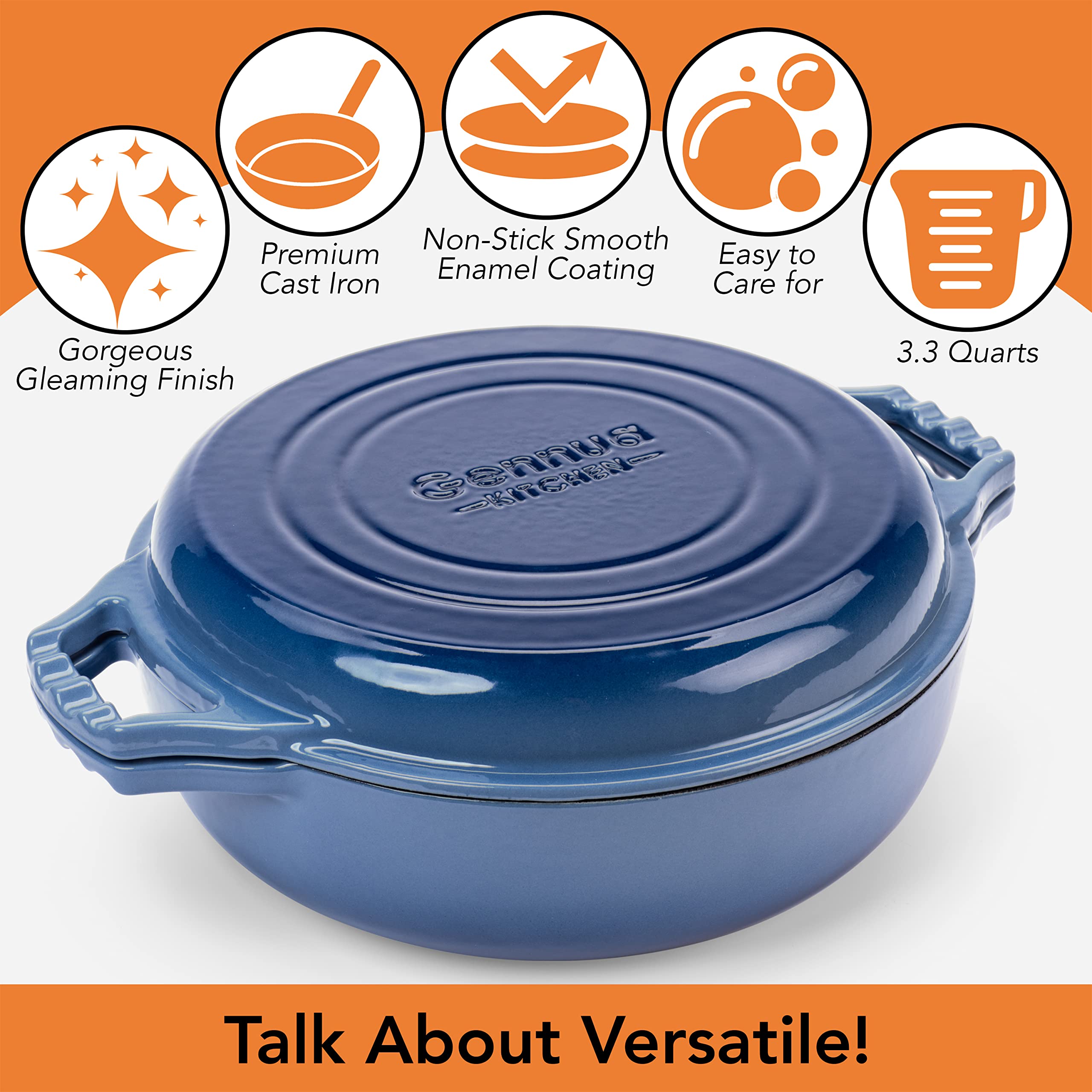 Gennua Kitchen 2-in-1 Enameled Cast Iron Braiser Pan, 3.3-Quart, Blue, Casserole & Stovetop Grill Cookware