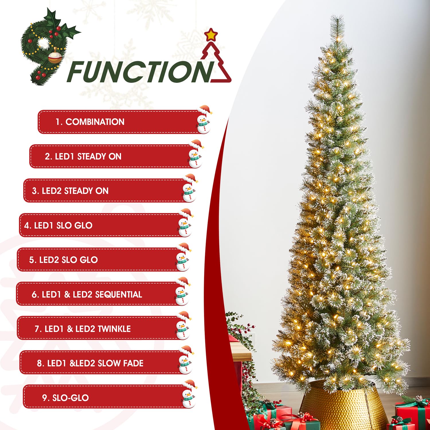 Glitzhome 7.5ft Prelit Christmas Tree, Artificial Christmas Tree, Hinged Pencil Christmas Trees Portland Cashmere Pine with 250