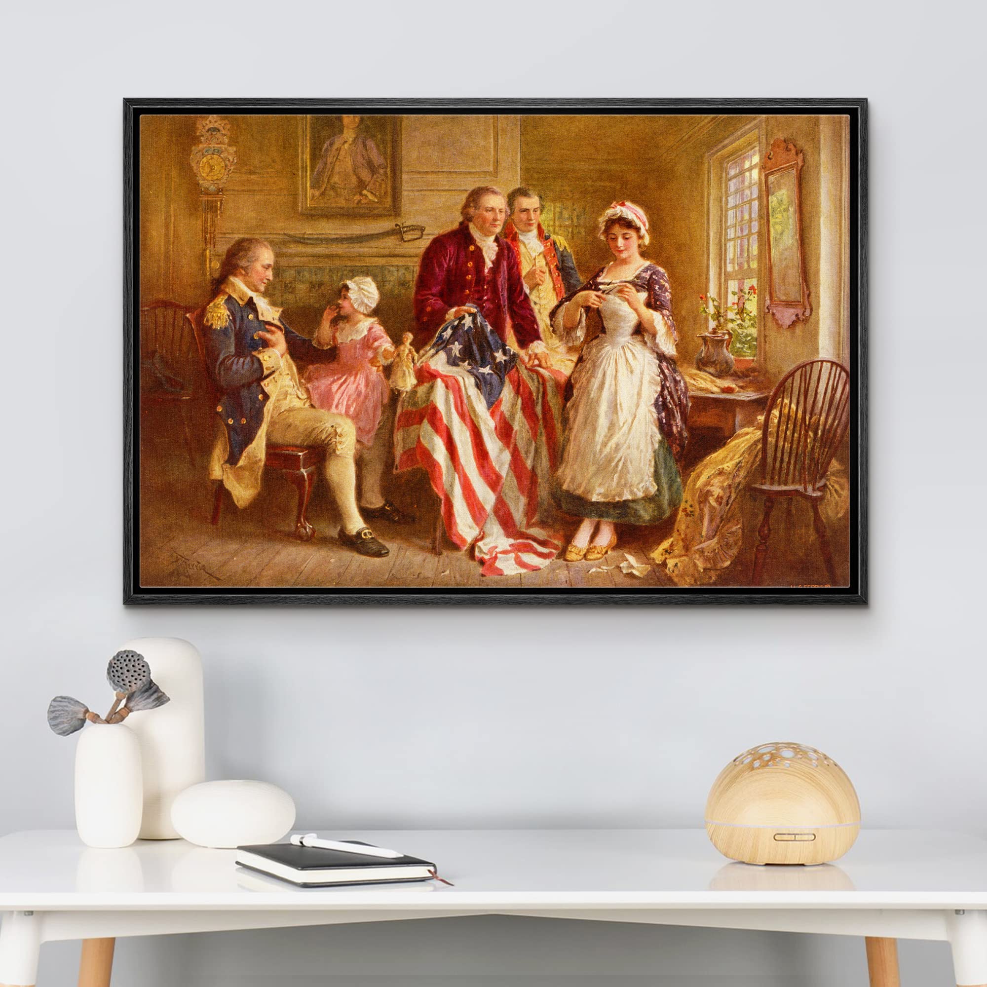 Wall26 - Betsy Ross 1777 By Jean Leon Gerome Ferris - Framed Canvas Print Wall Art Famous Painting Reproduction - 16''X24'' Blac