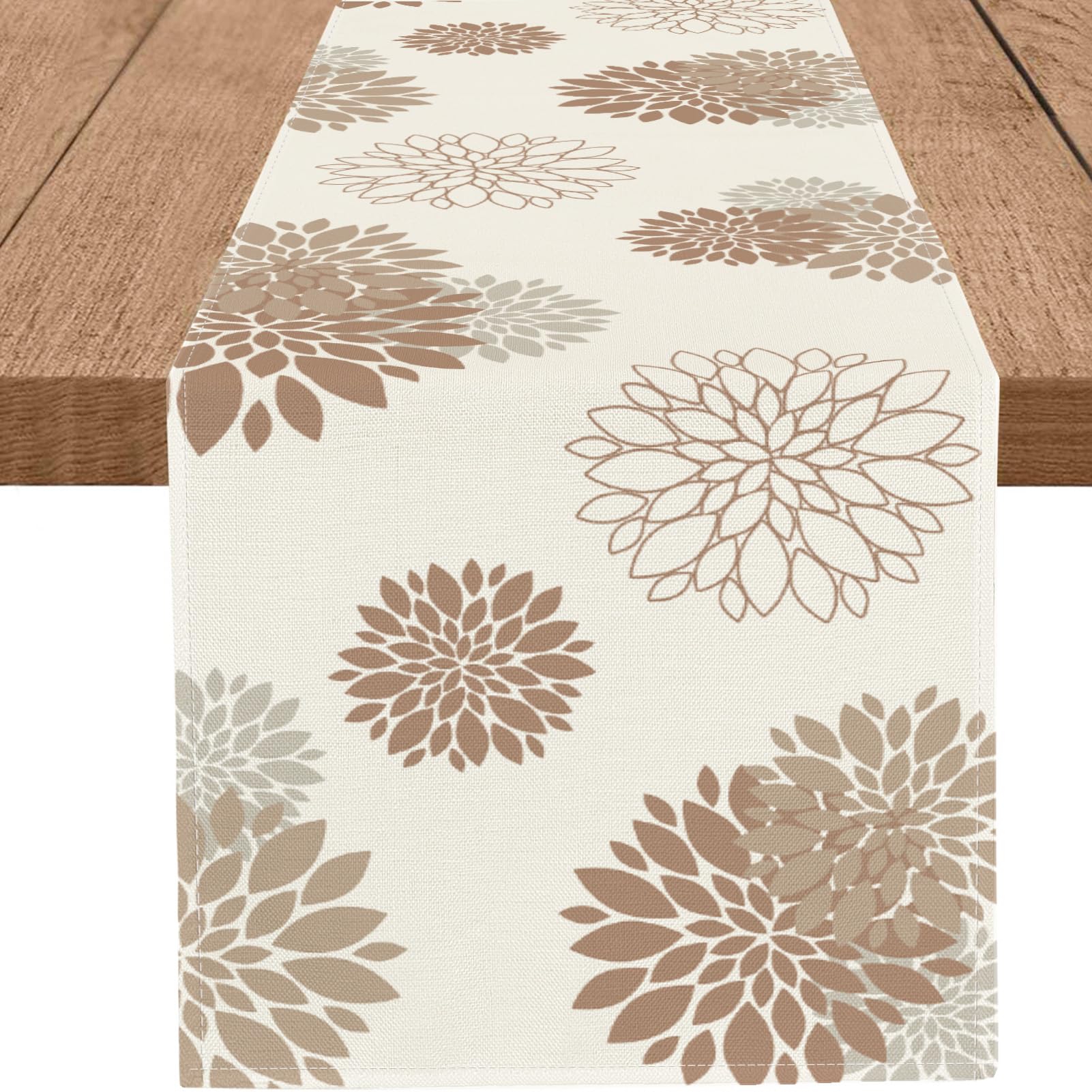 WHOMEAF Coffee Brown Dahlia Table Runner Modern Elegant Flower Beige Table Runners Geometric Pompon Farmhouse Table Center Decor