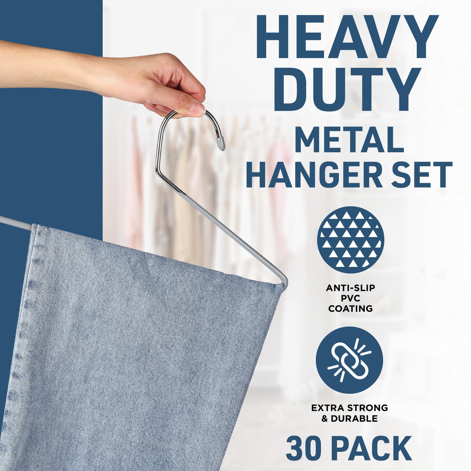 Lifemaster Metal Pants Hanger Set - 30 Pieces Elegant Non-Slip Closet Space Saving Hanger Set For Pants, Trouser, Blankets, And