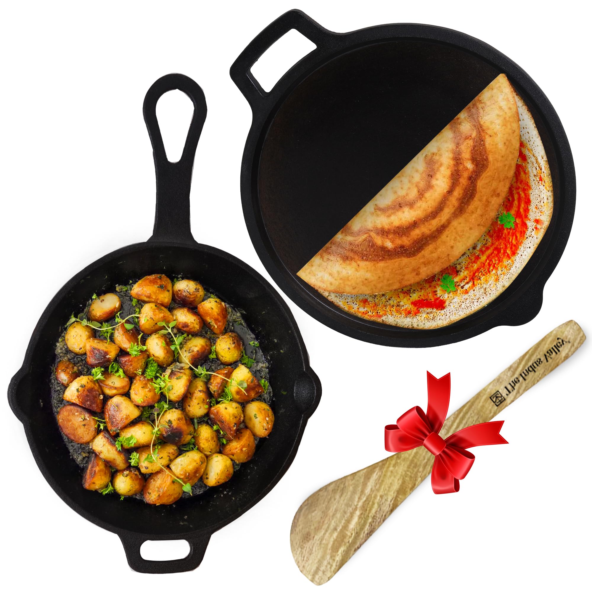 The Indus Valley PreSeasoned Cast Iron Cookware Set + Free Wooden Spatula | Tawa (27.5 Cm) + Skillet (24.6 Cm) | Kitchen Cookin