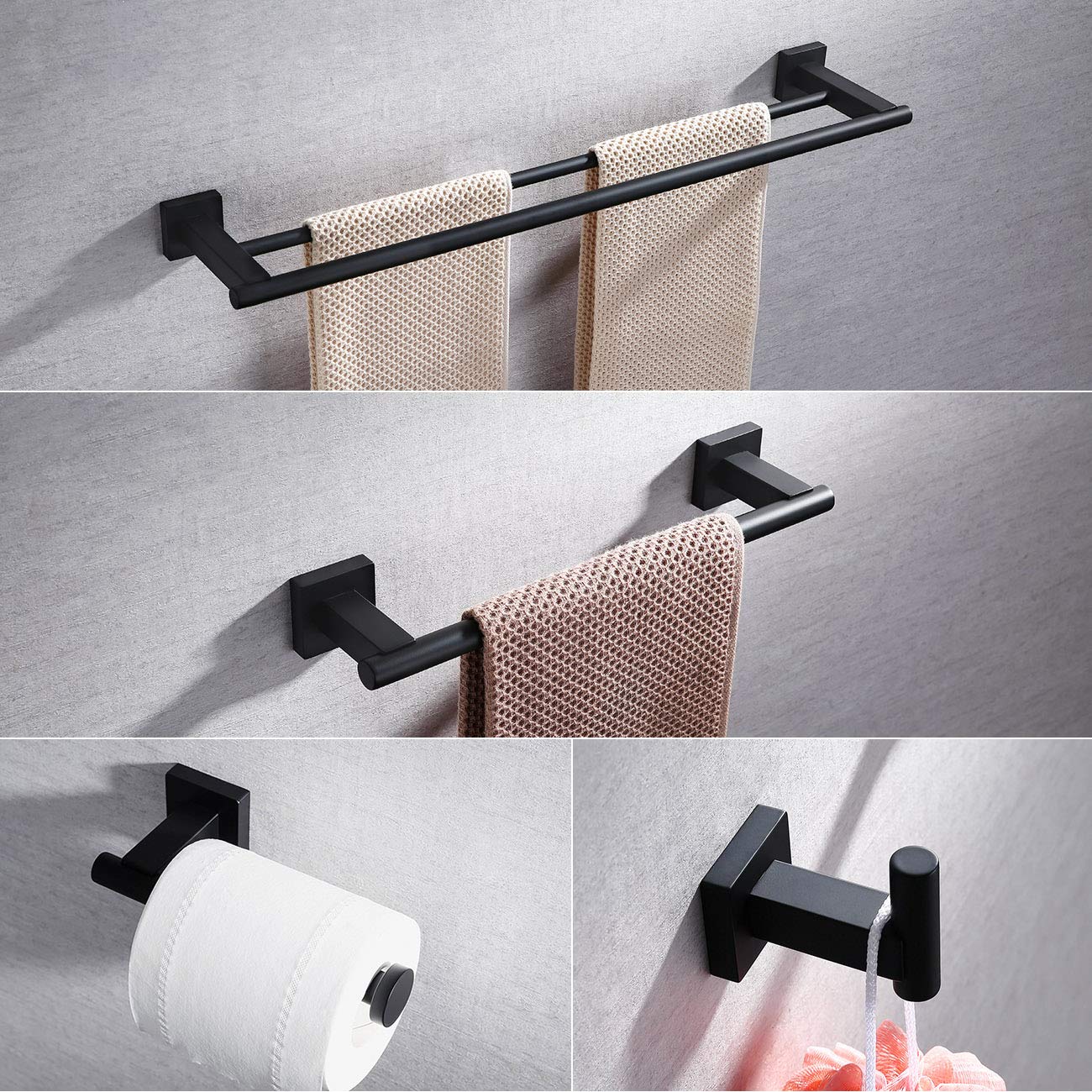 Miyili Matte Black 4-Piece Bathroom Hardware Kit Set Stainless Steel Wall Mount - Includes Double Towel Bar, Hand Towel Rack, To
