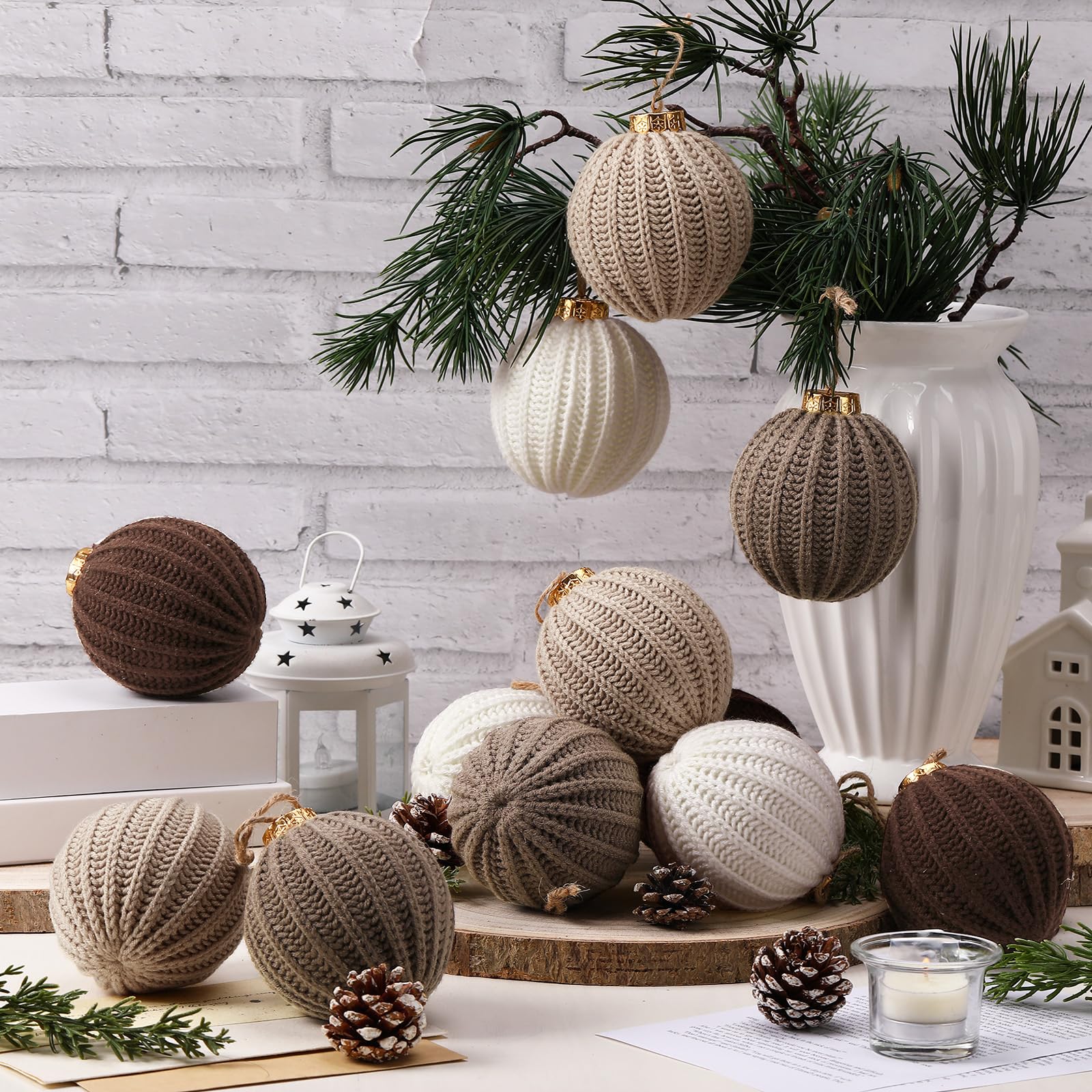 VioraWhite 12 Pcs Neutral Christmas Ornaments, 3.15 Inch Brown Crochet Christmas Balls Modern Rustic Handmade Knitted Woven Cott