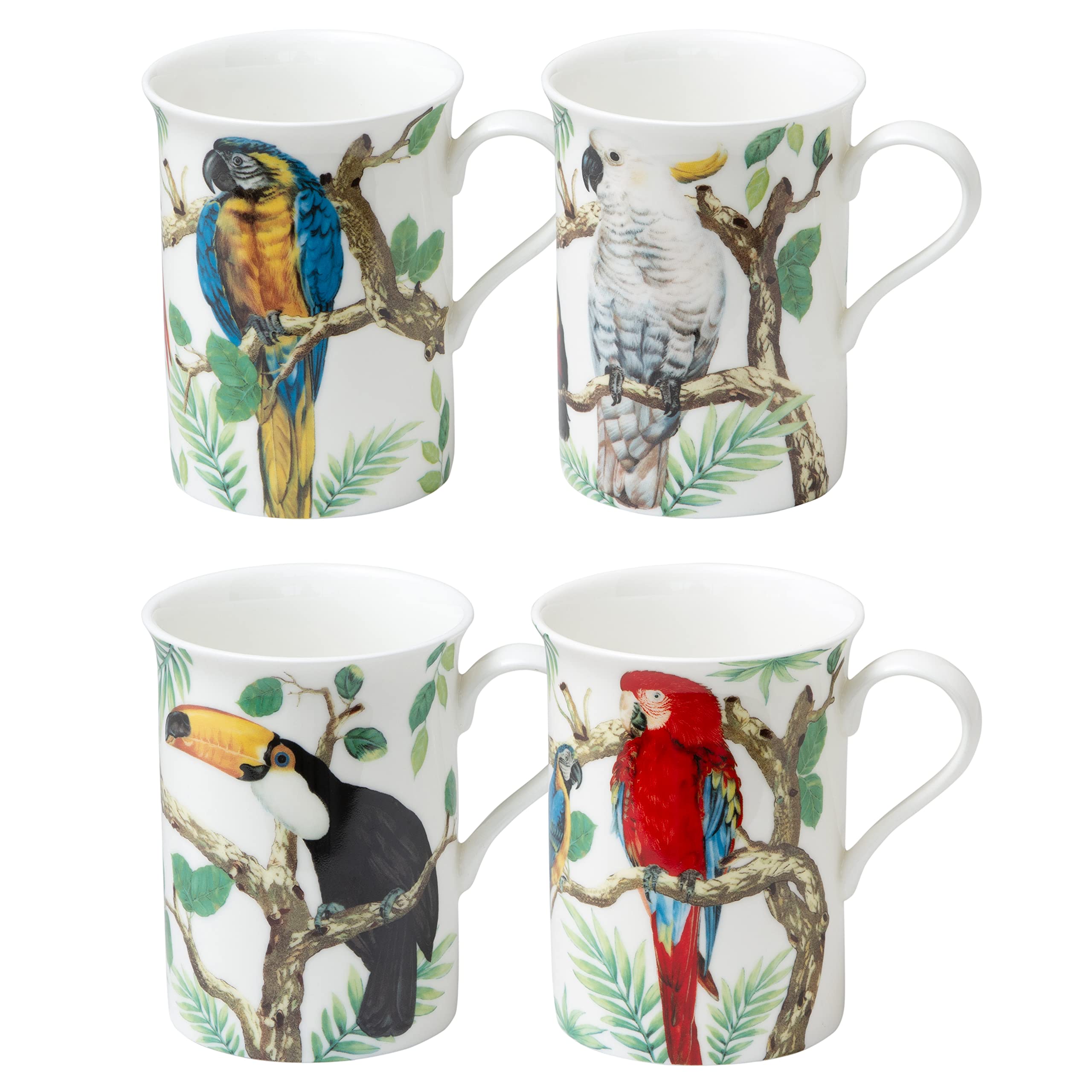 Gracie Bone China 4 Tropical Parrots And Toucans Mugs, Set Of 4