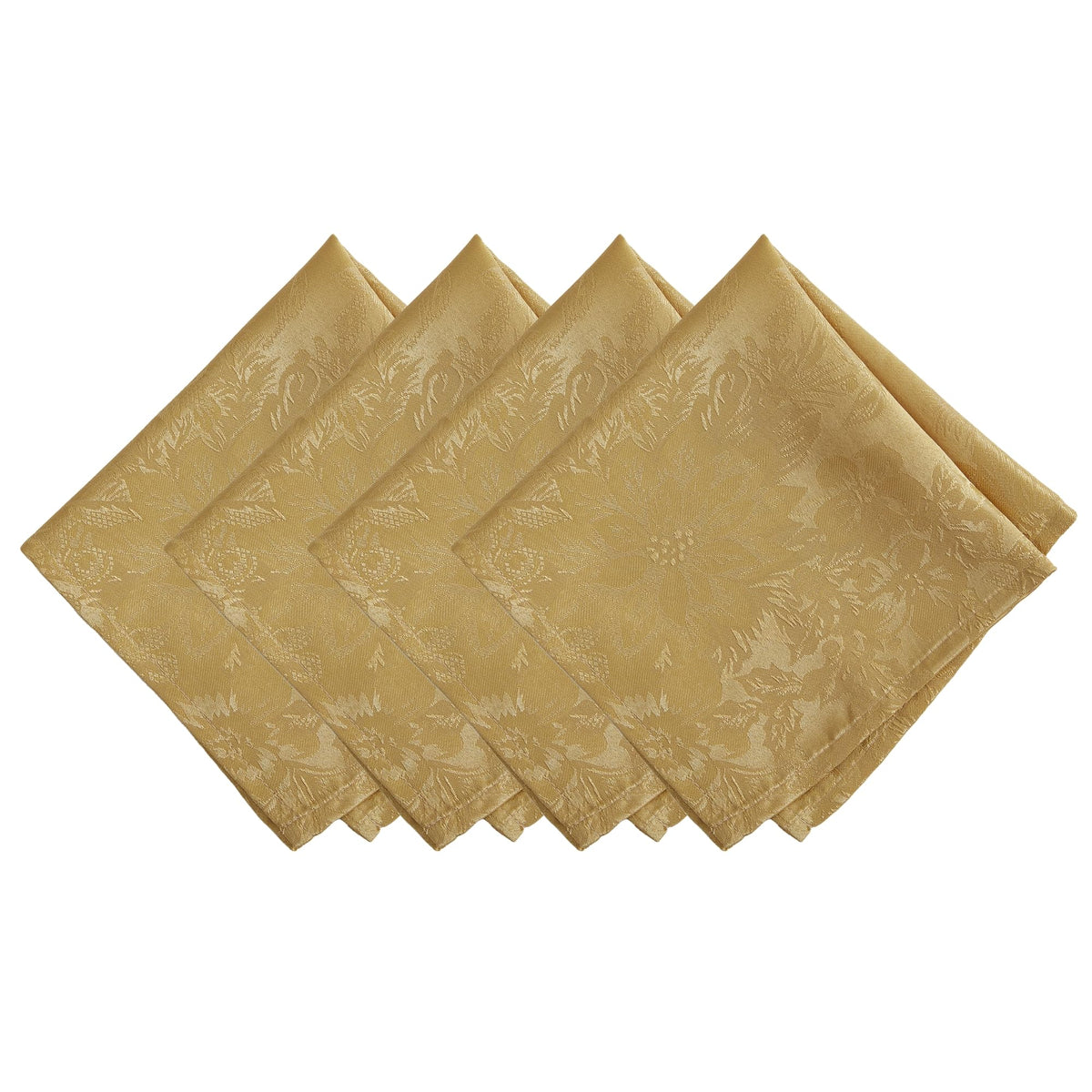 Elrene Home Fashions Poinsettia Elegance Jacquard Christmas/Holiday Cloth Dinner Napkins, Set Of 4, 17''X17'', Gold