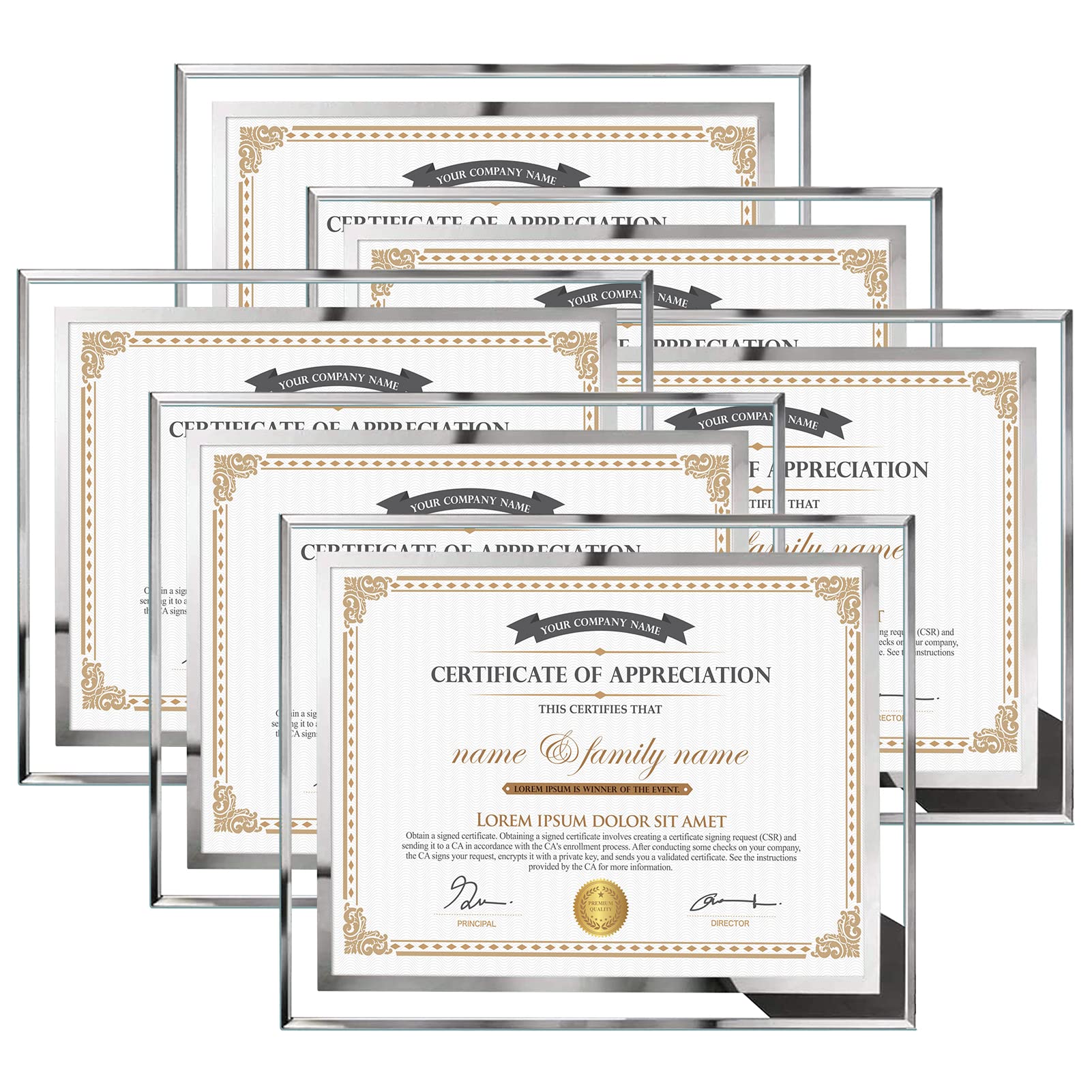 Hoikwo 8.5x11 Picture Frames, 6 Packs Silver Glass Certificate Frames for Document Diploma Award, Bling Picture Frames Only for 