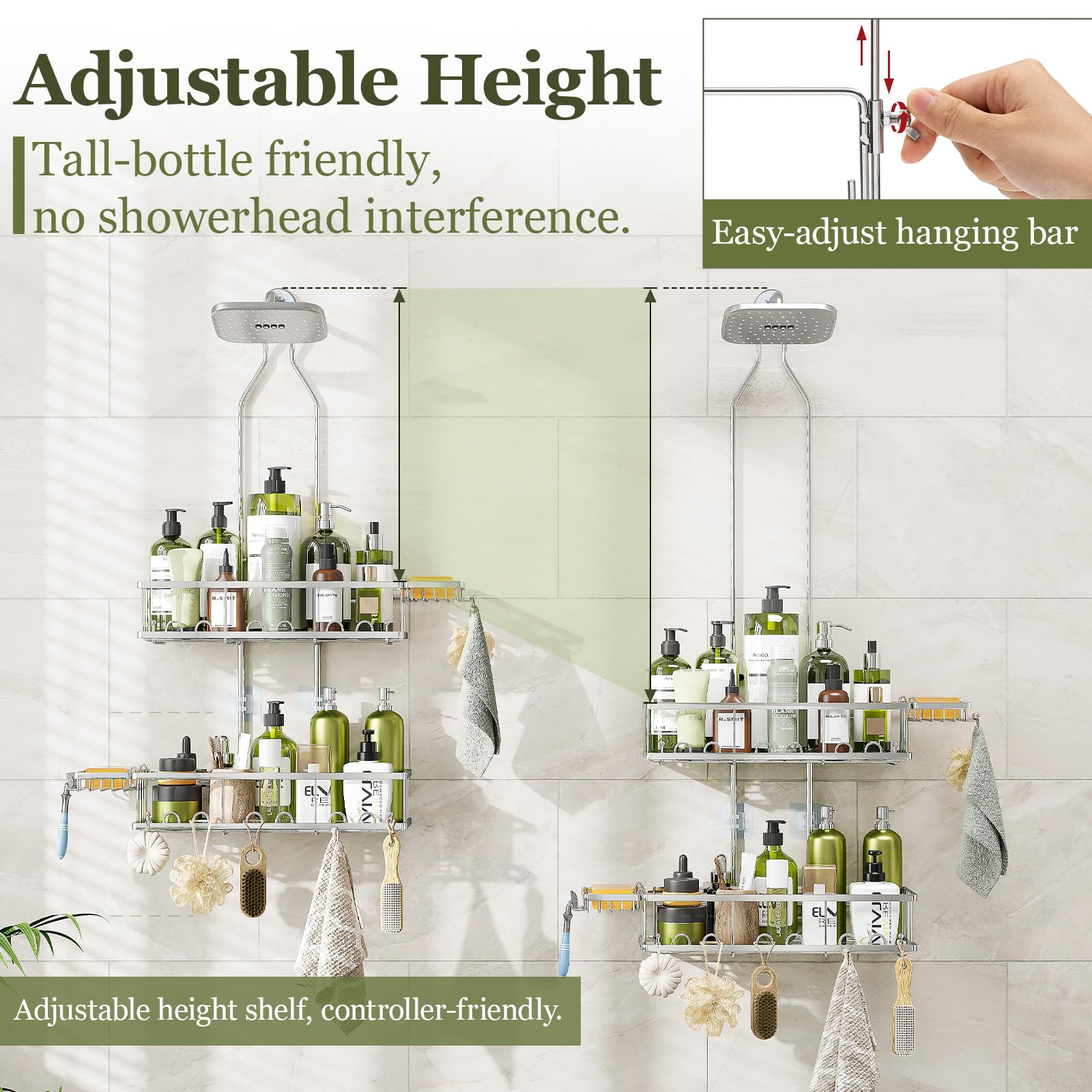 Skyapex Shower Caddy Hanging: Adjustable Height No Blocking To Shower Head - Silver Shower Caddy Over Showerhead Shower Organize
