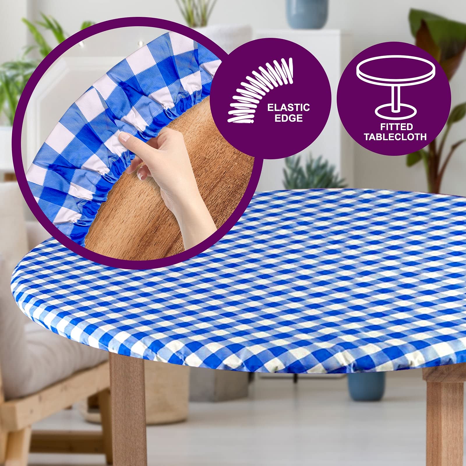 Sorfey Tablecloth -Fitted With Elastic, Vinyl With Flannel Back, Fits For Table 36 Inches Round,Water Proof, Easy To Clean, Chec