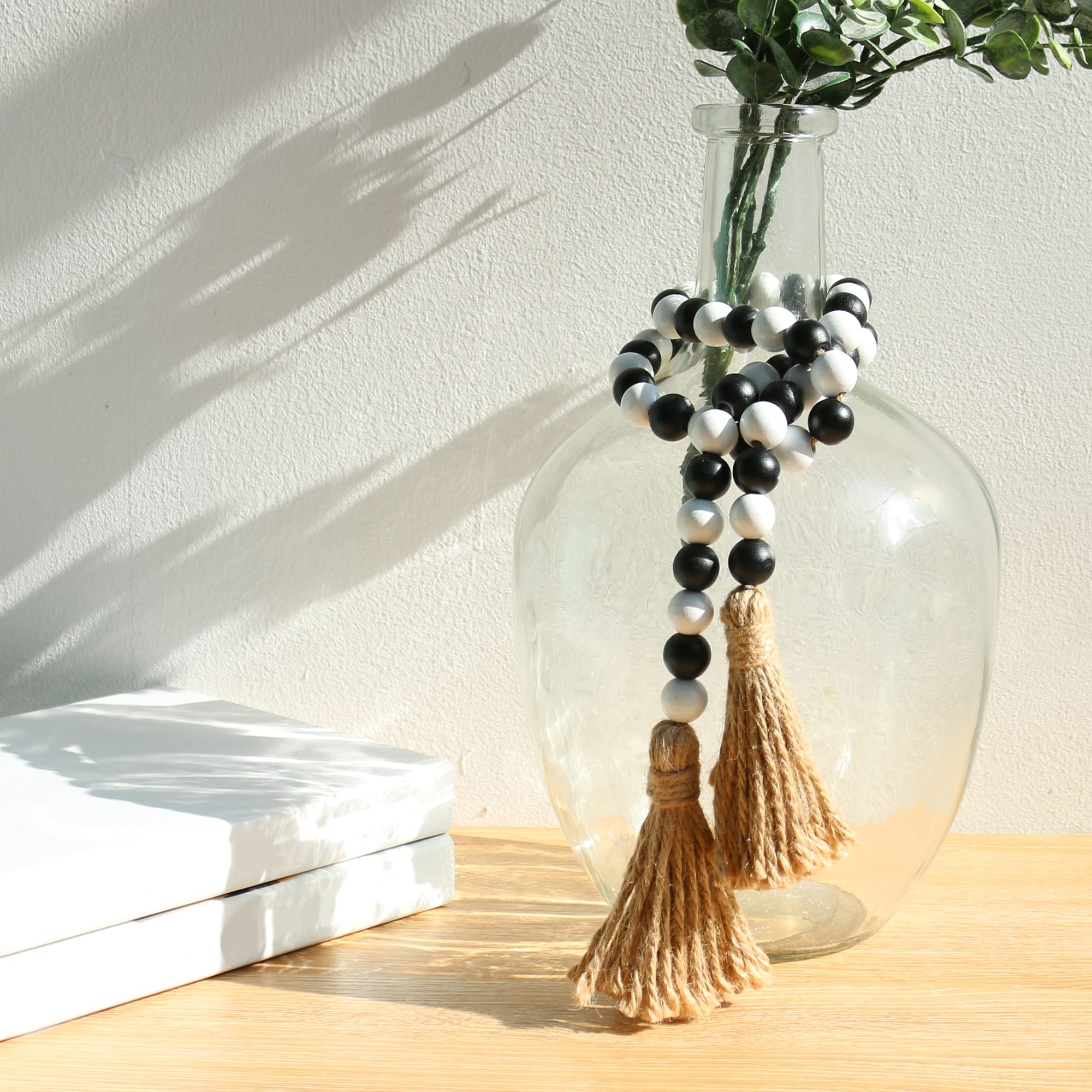 Meplait Wood Bead Garland - 39in Farmhouse Beads with Tassels for Tiered Tray Decor - Black & White