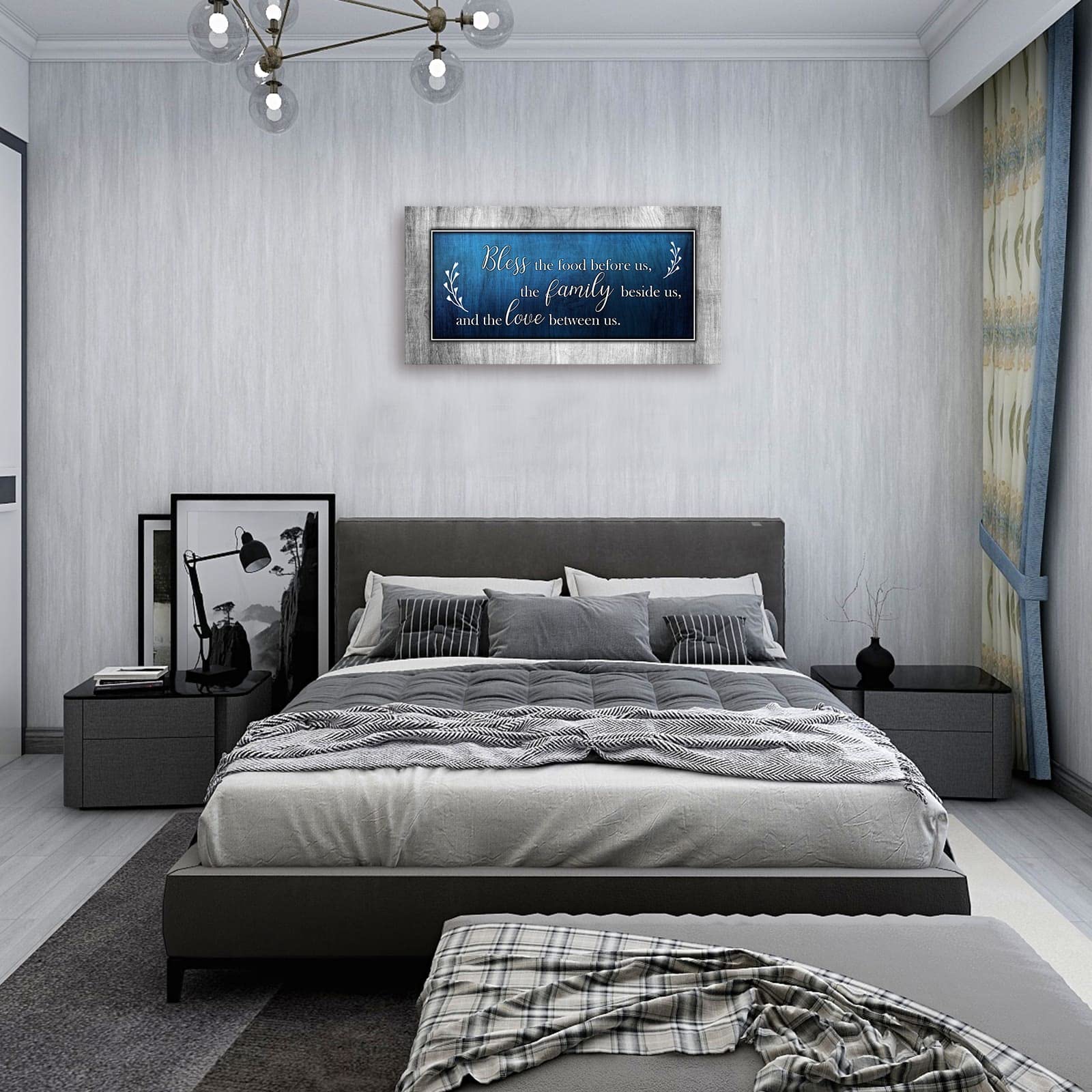 Aoshdart Canvas Wall Art For Dining Room Decor-Blue And Grey Canvas Prints Painting Bless The Food Quote-Wall Pictures Living Ro