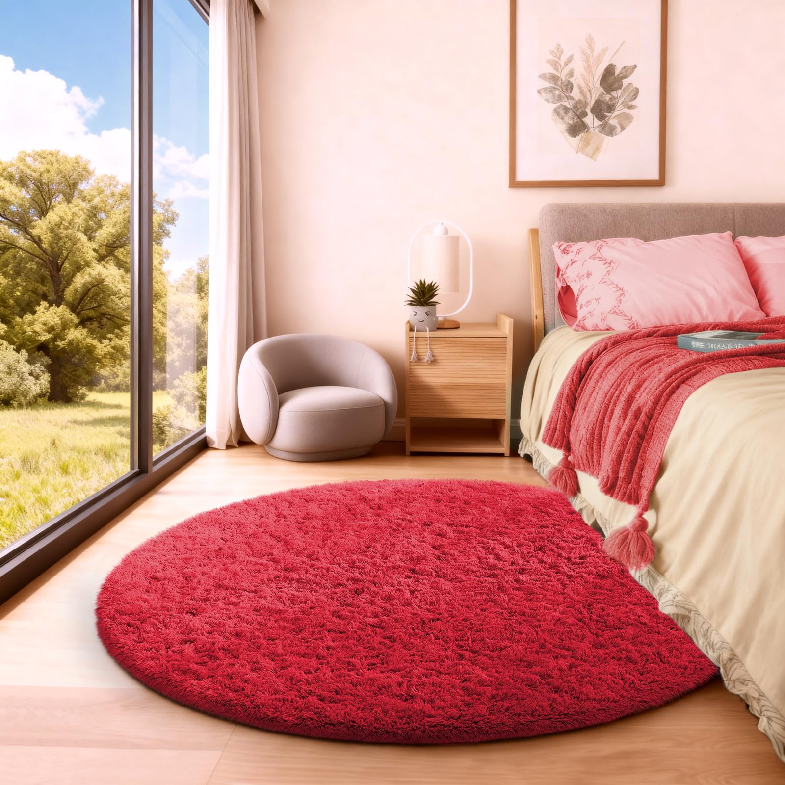 Ophanie Round Rug 4Ft Red Circle Area Rug, Christmas Room Decor, Aesthetic Nursery Bedroom Carpet, Fluffy Fuzzy Plush Soft Shagg