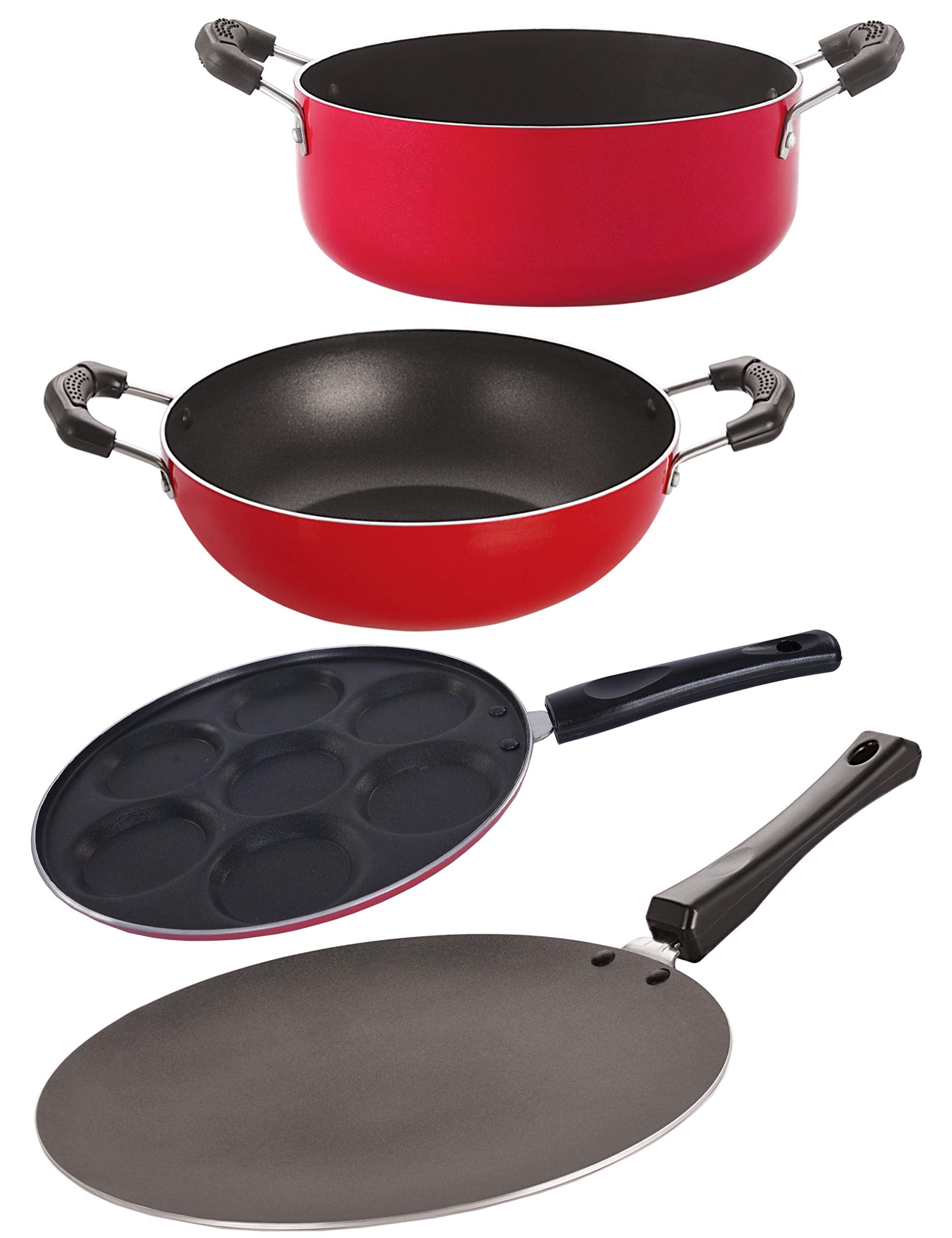 Nirlon Nonstick Aluminium Cookware Set, Red (4Pieces) (Ct11_Kd10_Up7_Cs24)