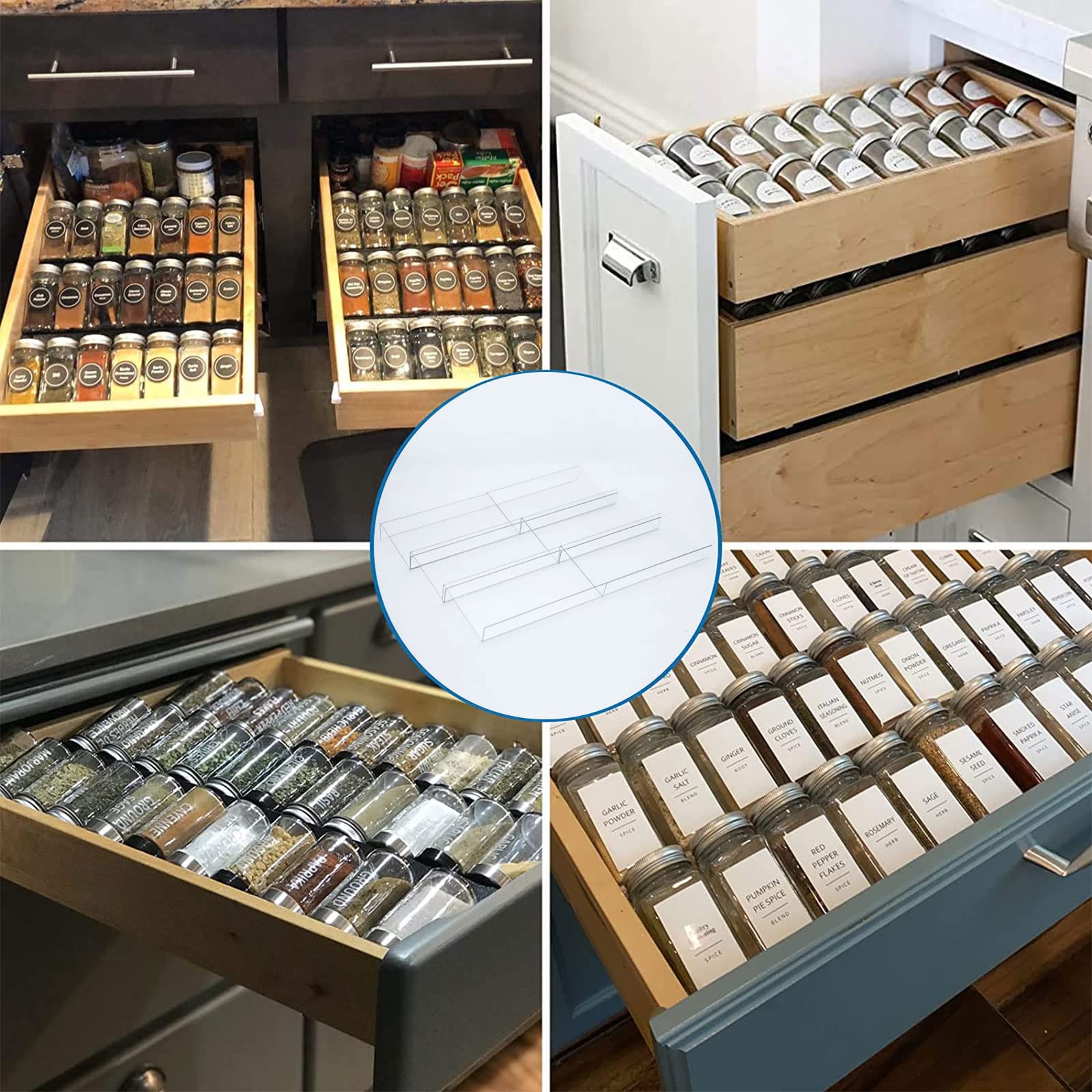 Spice Drawer Organizer, 6 Pcs Clear Acrylic In Drawer Seasoning Jars Rack, Expandable From 8'' to 16'' Kitchen Cabinets/Countert