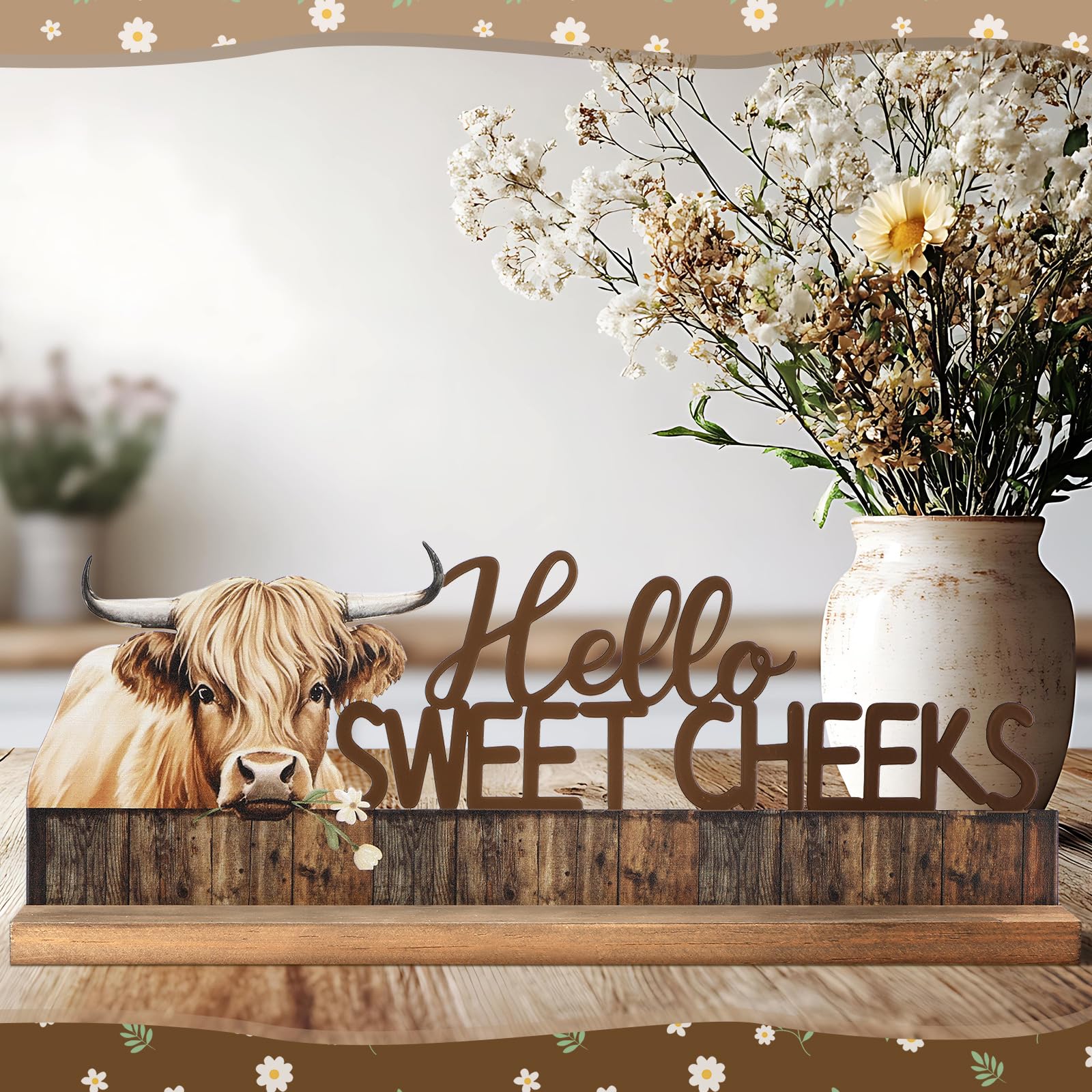 MiniInflat Highland Cow Metal Sign Rustic Table Decor Hello Sweet Cheeks Tiered Tray Decor with Wooden Base Freestanding Metal W